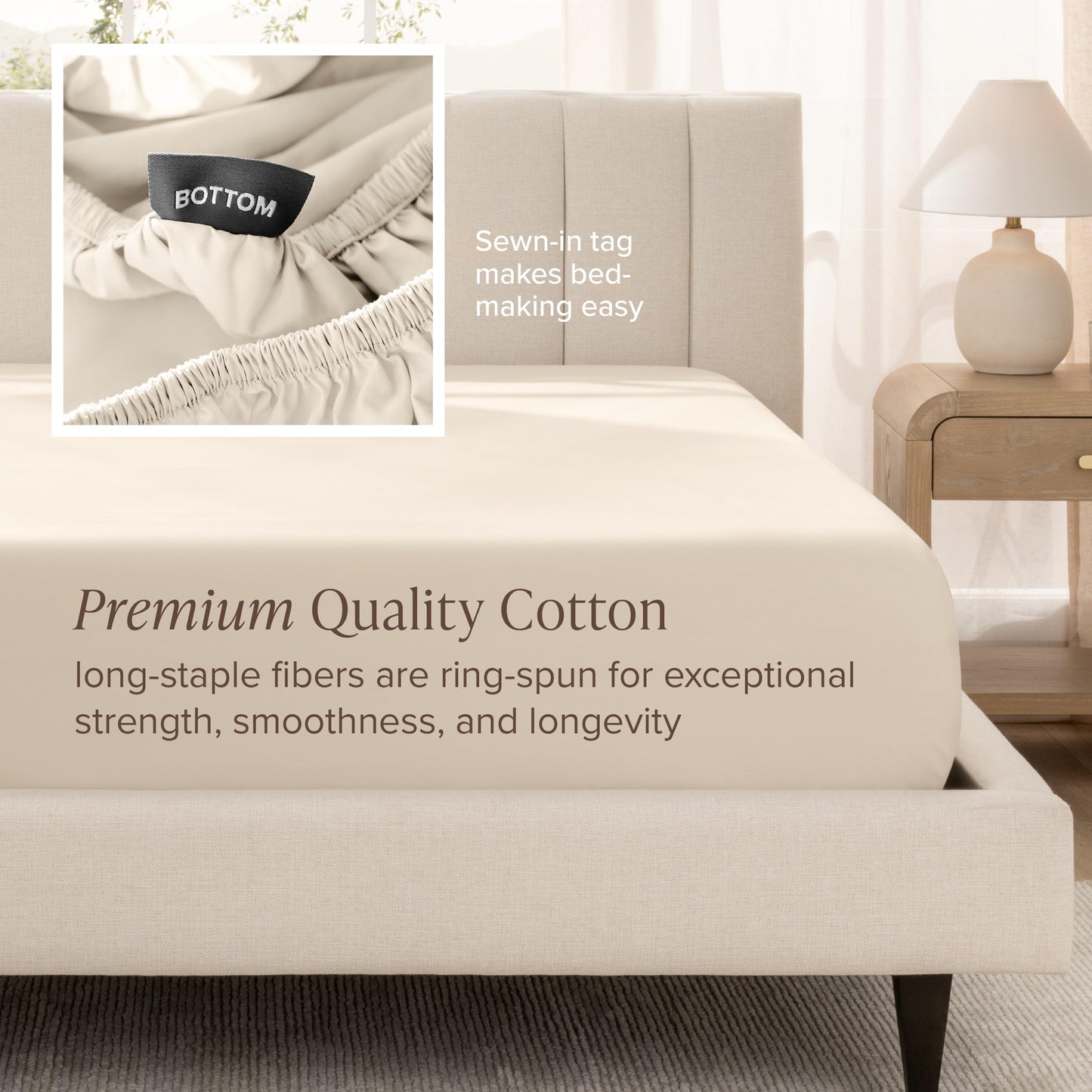 Bare Home 100% Organic Cotton Sateen Fitted Sheet - 400 Thread Count - Smooth Sateen Weave - Breathable & Cooling - Hotel Luxury - Durable Fitted Sheet - Deep Pocket (King, Sand)