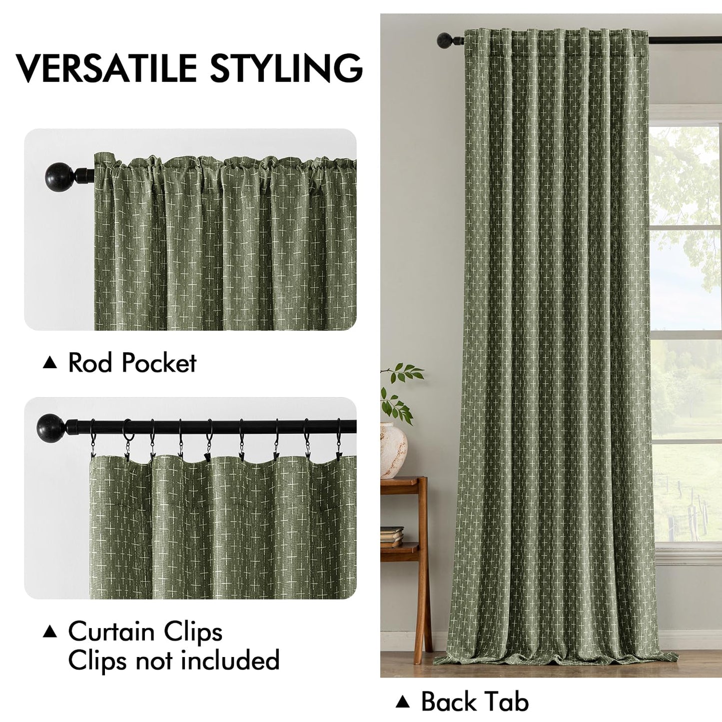 MIULEE Decorative Back Tab Linen Curtains with Geometric Pattern for Living Room Bedroom Farmhouse Rustic Thick Woven Textured Patterned Mudcloth Drapes 84 Inches Long 2 Panels Set, Olive Green