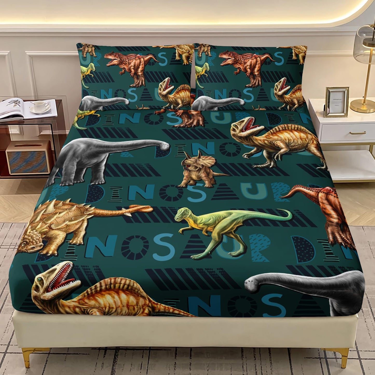 AILONEN 3D Dinosaur Fitted Sheet Twin XL Size, Cartoon Dinosaur Bedding Sets Bed Sheet Set,Green Theme Bedsheets Set 3 Pcs,1 Deep Pocket and 2 Pillowcases