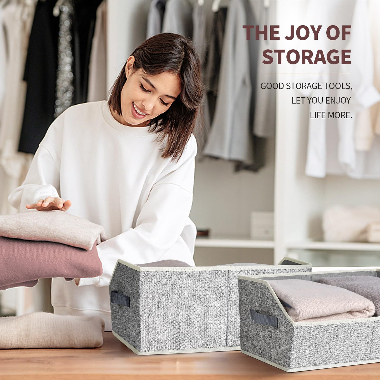 Homsorout Closet Organizers Bins 6 Packs - Large Closet Shelf Organizer with Handles, Fabric Trapezoid Storage Bins, Collapsible Storage Cubes for Clothes, Towels, Light Gray