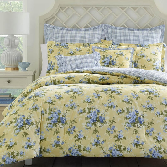 Laura Ashley – Queen Comforter Set, Reversible Floral Bedding with Matching Shams & Bonus Decorative Pillows, Medium Weight, 7-Piece, College Dorm Room Essentials (Cassidy Yellow)