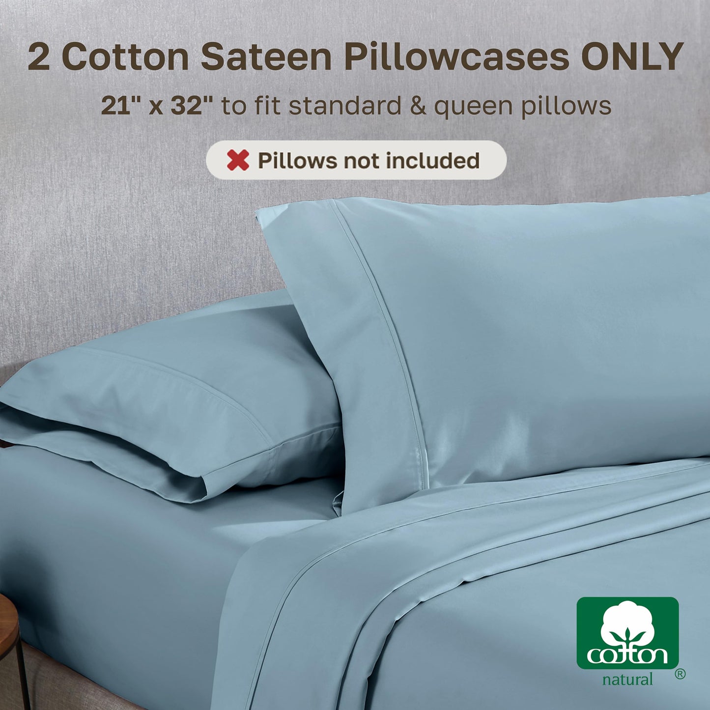California Design Den Standard Queen Size Pillowcase Set - 400 Thread Count, 100% Cotton Sateen, Set of 2 Pillow Covers, Soft and Breathable - Sky Blue