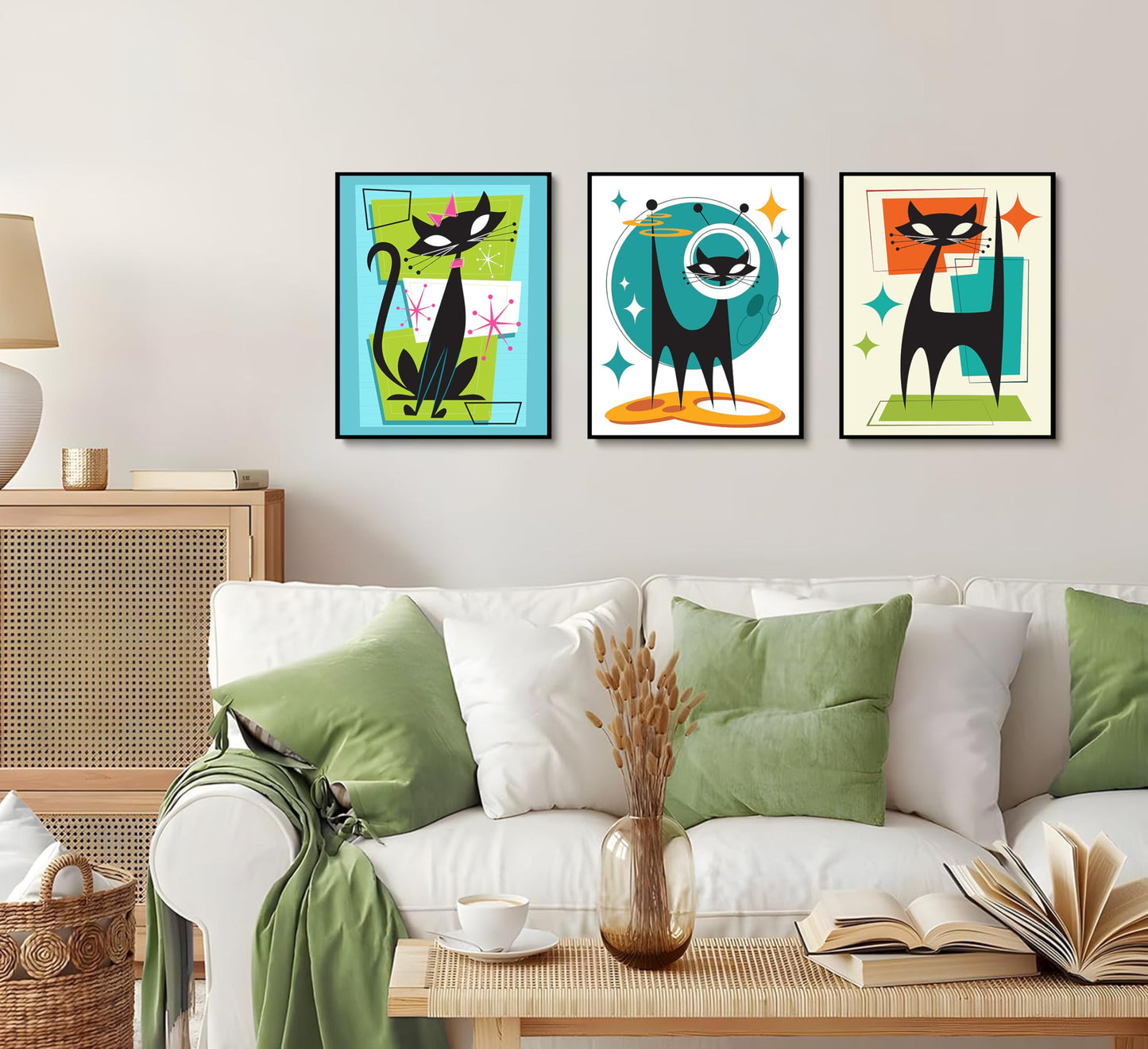 3Pcs Futuristic Atomic Cats Wall Art Canvas Set Modern Tech Inspired Posters in Blue Green Orange Abstract Geometric Paintings Pictures and Prints Gallery Wall Decor for Living Room Bedroom Unframed