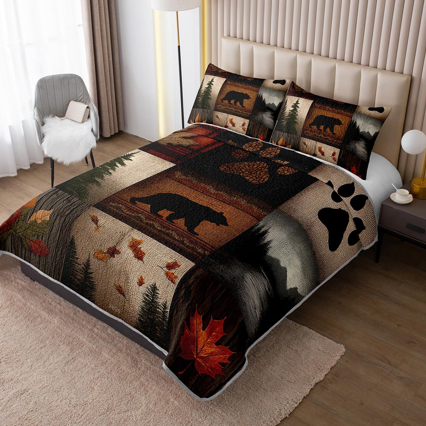 UEVBF Hunting Themed Quilt King Size,Lightweight Cabin Plaid Bedding Set with 2 Pillowcases,Forest Tree Brown Bear Paw Printed Bed Sets for Adults Room Decor.