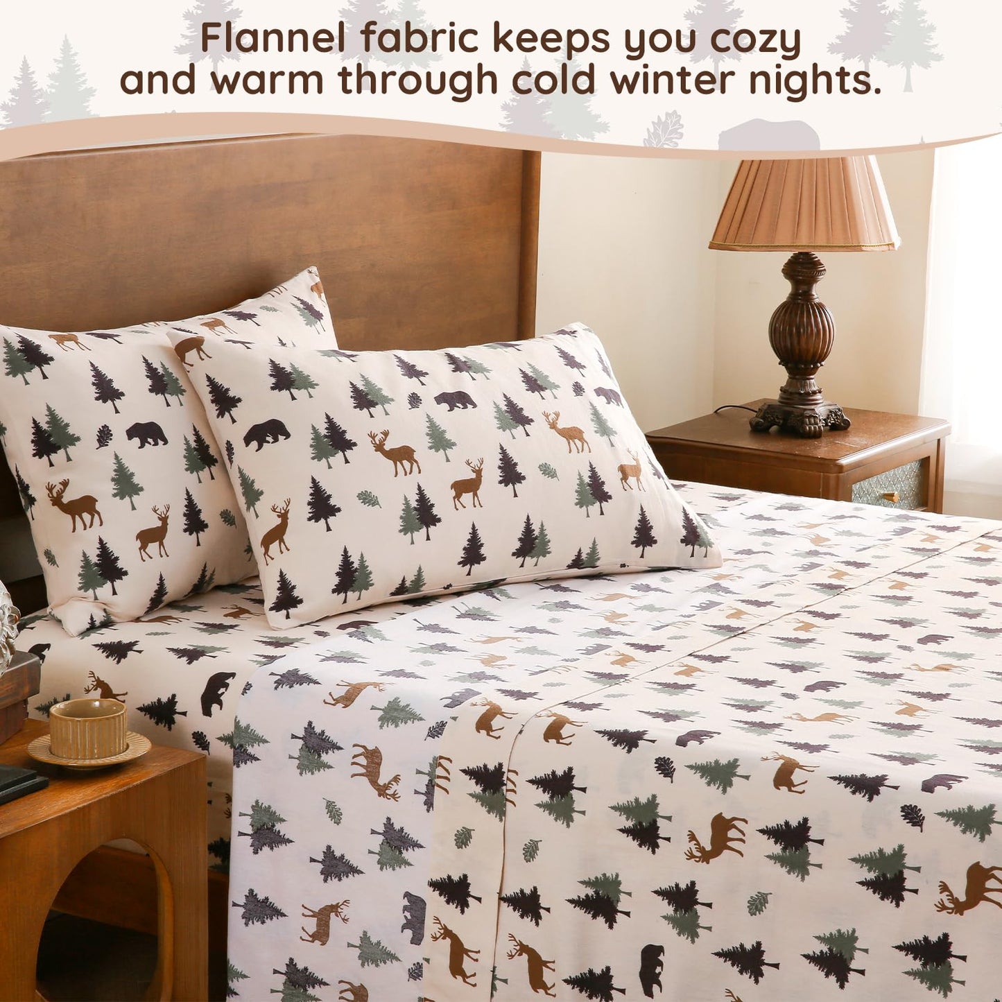 LONAVA 100% Cotton Flannel Sheet Set 4 Pieces, Heavy-Duty Fluffy Flannel Design, Thermal Lock Technology, 16 inch Deep Pocket Cozy Soft Bedsheets,(Twin,Fall Forest)