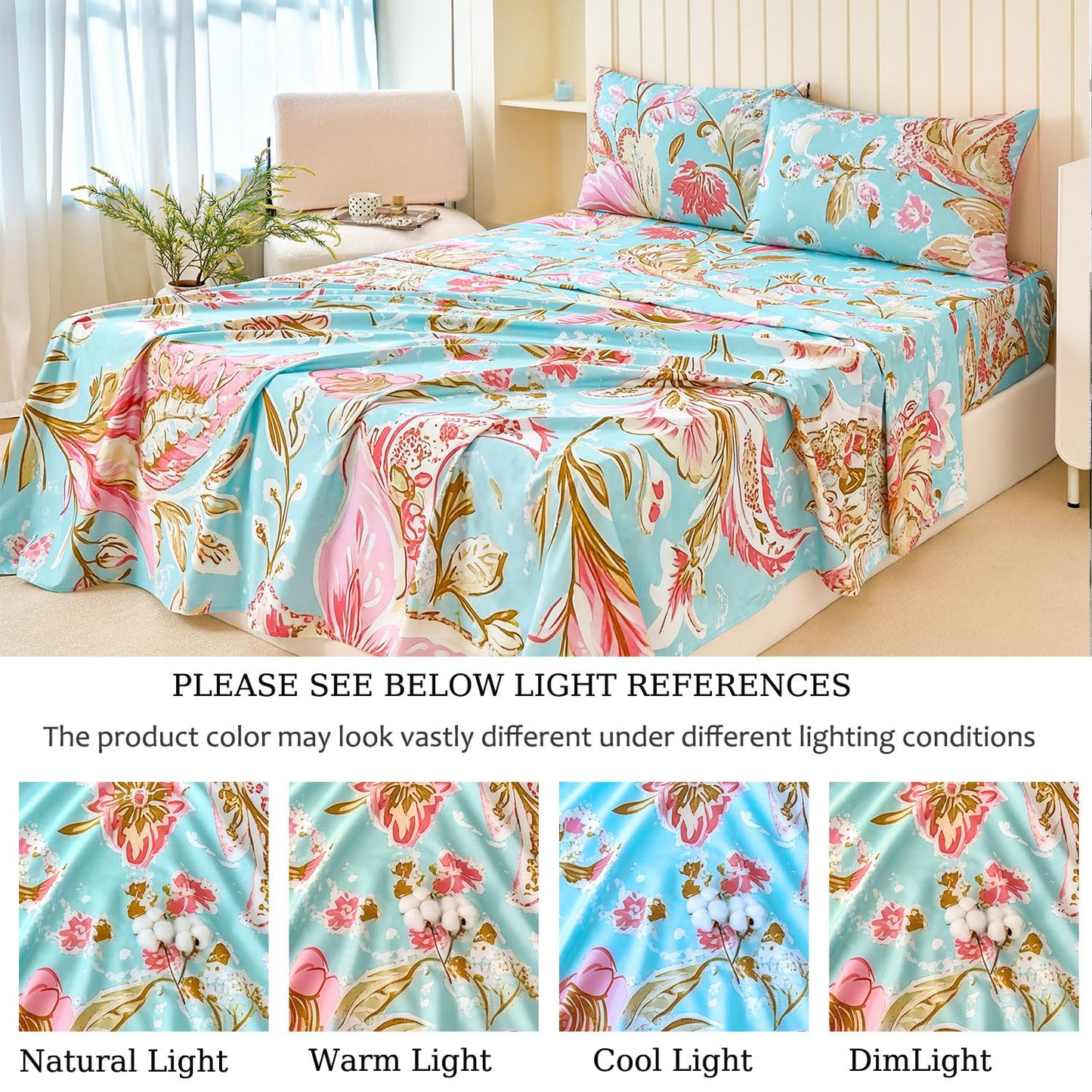 Zusbest Blue Paisley Sheets Queen Size 100% Cotton Satin Weave Pink Floral Bed Sheet Set Abstract Design, Soft Cooling for Hot Sleepers, Luxury Shabby-Chic Countryside Bed Set Deep Pocket 17.5‘’
