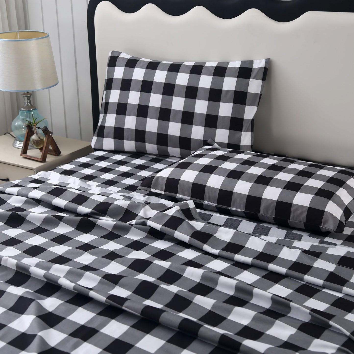SDIII 4 Pieces Black and White Gingham Sheets Twin Size Bed Set, Soft Microfiber Striped Bed Sheets Twin, Black and White Checkered Bedding Sheet Set