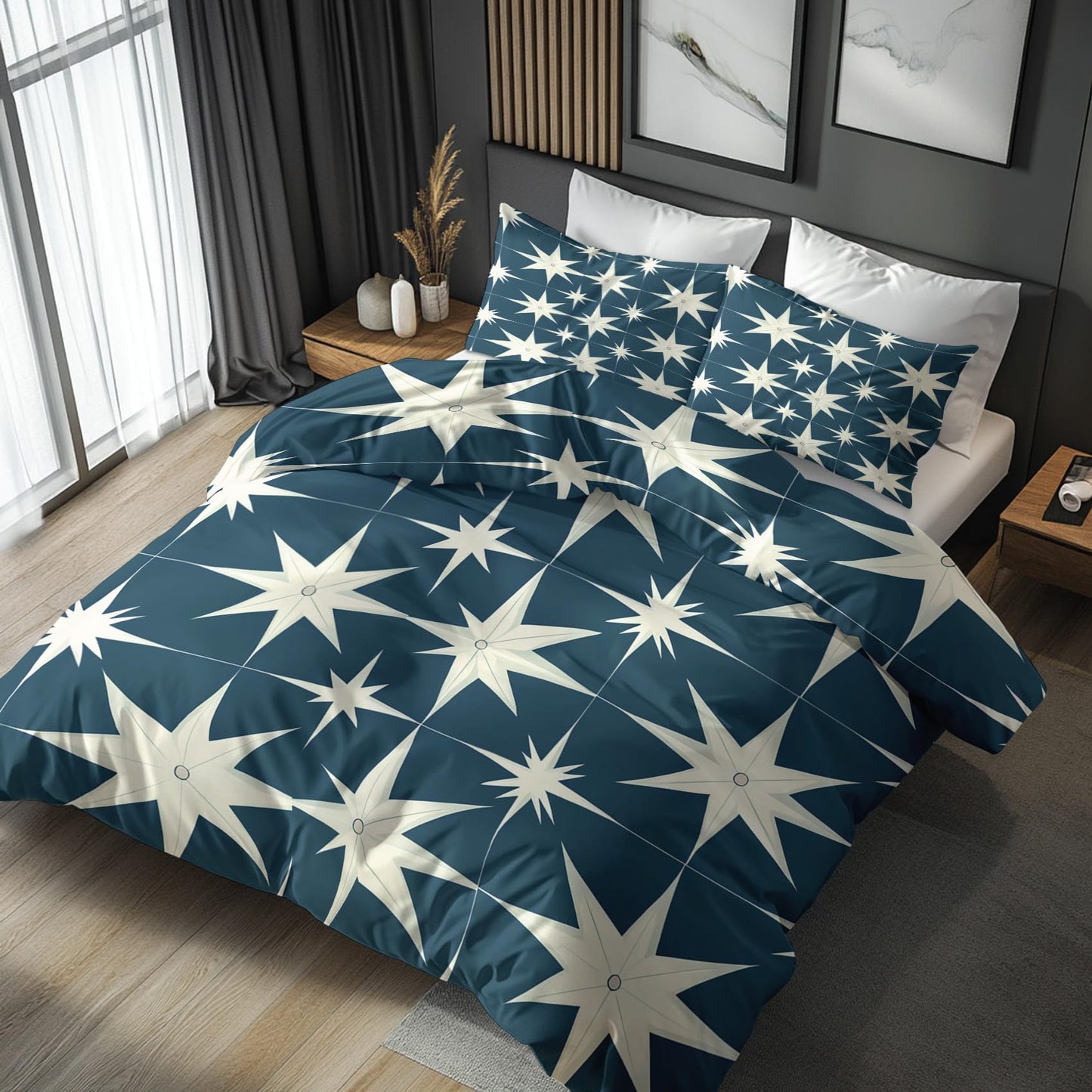 zcwl Mid Century Duvet Cover Queen Size | 50S Retro Abstract Bedding Set | 3 Piece | Soft Microfiber Patterned Comforter Cover with Zipper Ties & 2 Pillowcases | Starburst Bedroom Decor