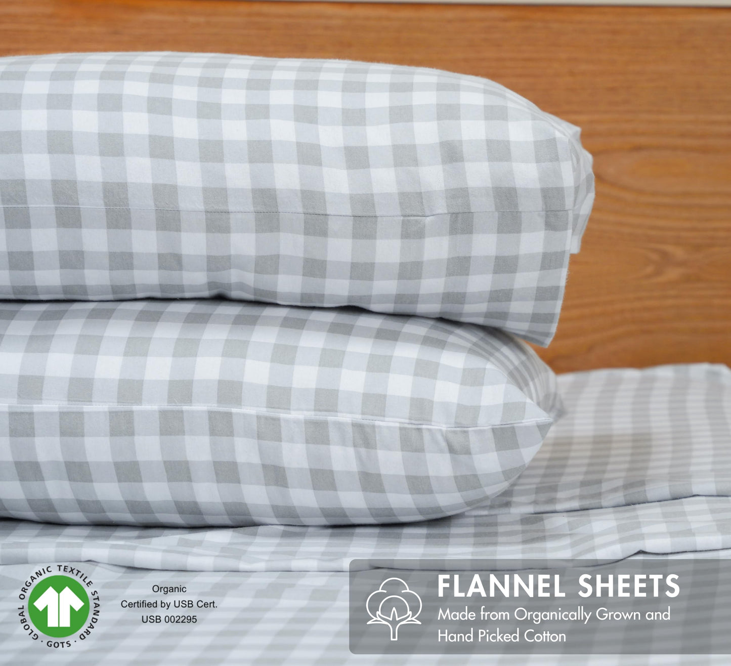 RUVANTI Flannel Sheets Queen Size - GOTS Certified 100% Organic Cotton, 4 Piece Warm, Soft & Breathable Set, Deep Pocket Snug Fit, Double Brushed Cozy All Season Bedding, Open Gingham