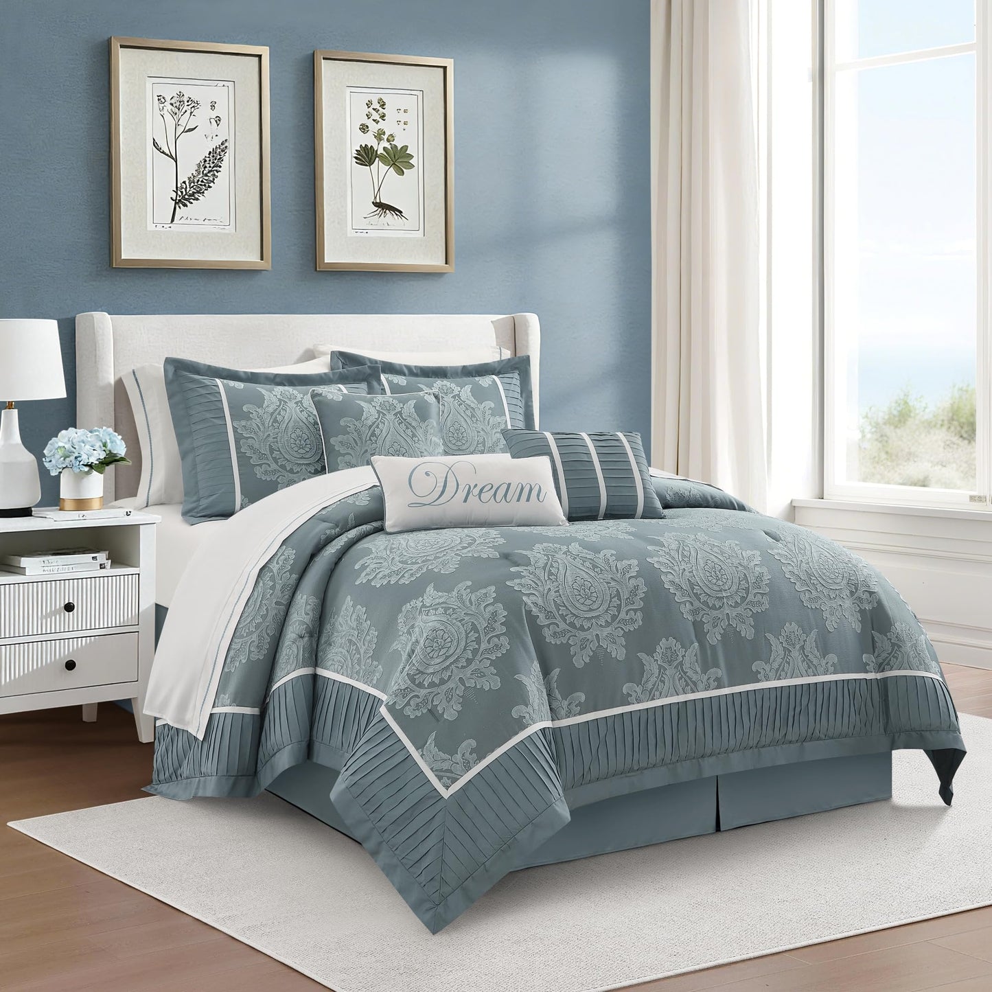 Stratford Park Blue Comforter Set King, 15 Pieces Room in a Bag, Elegant Patchwork Damask Jacquard Bedding Set, Matching Bedskirt, Flat Sheet, Fitted Sheet, Pillow Shams, Curtains