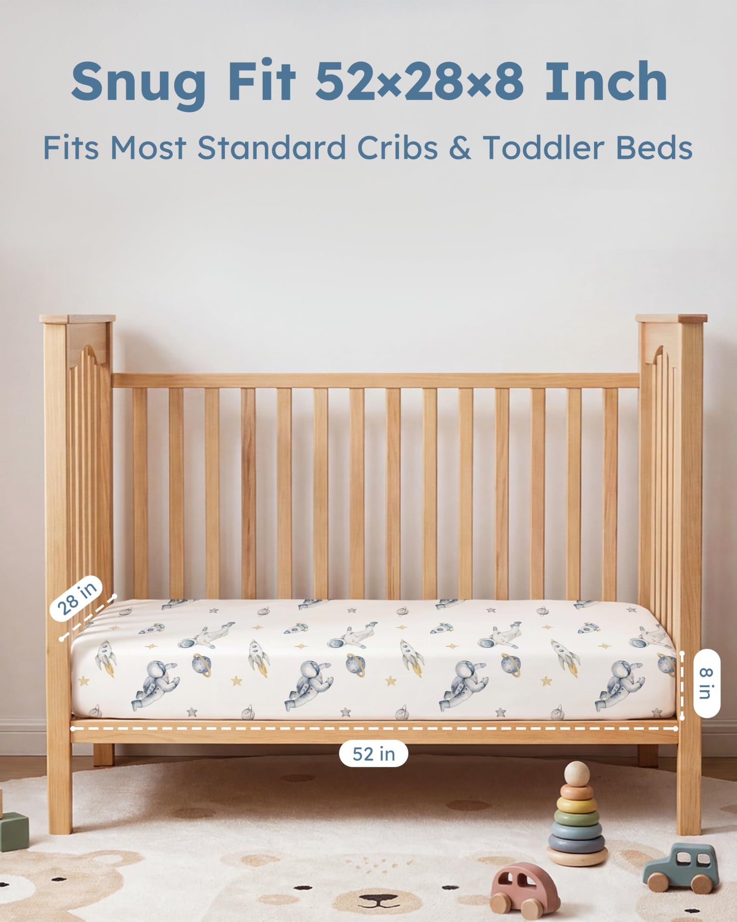 FIEMOL Baby Crib Sheets for Boys and Girls, Toddler Bed Sheets Fitted for 52”x28” Standard Crib and Toddler Mattresses, 4 Pack Soft Stretchy Microfiber Blue Space Astronaut