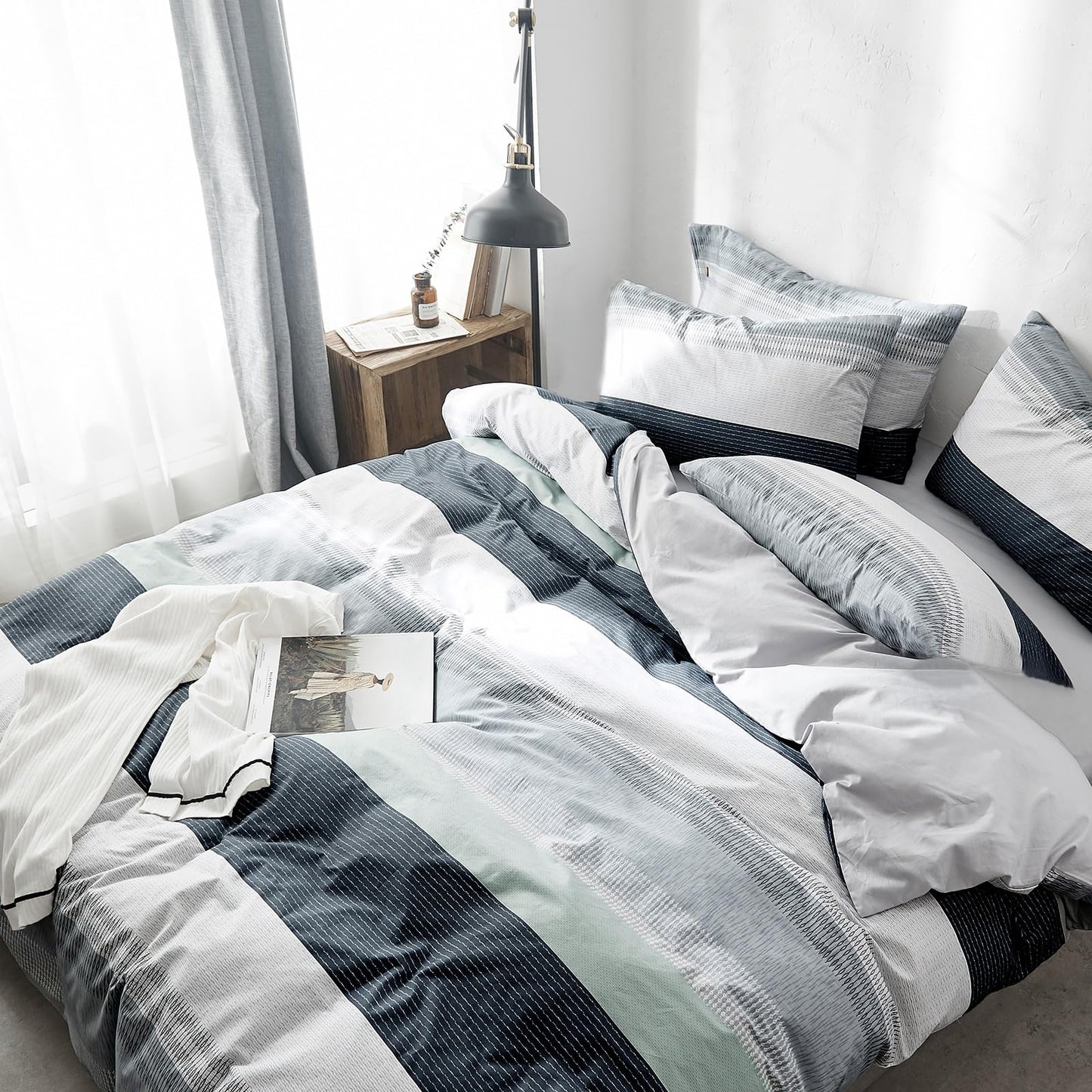 VM VOUGEMARKET Bedding Striped Duvet Cover Queen,3 Pieces Blue Gray Duvet Cover Sets, Cotton,Modern Simple Comforter Cover for Teens Men-Full/Queen,Martin