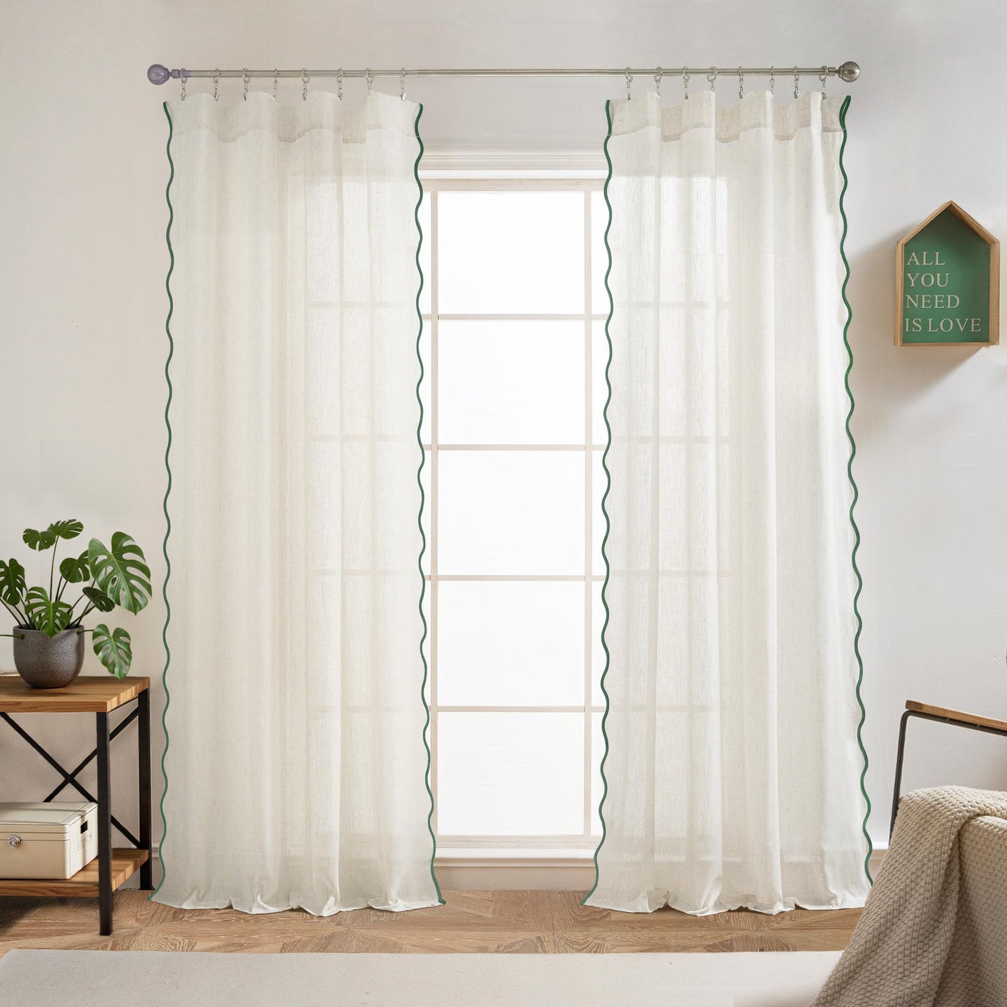 DriftAway Semi Sheer Scalloped Edge Linen Coastal Beach Window Curtains for Living Room Bedroom 2 Panels Rod Pocket Each Size 52 Inch by 84 Inch Loden Green