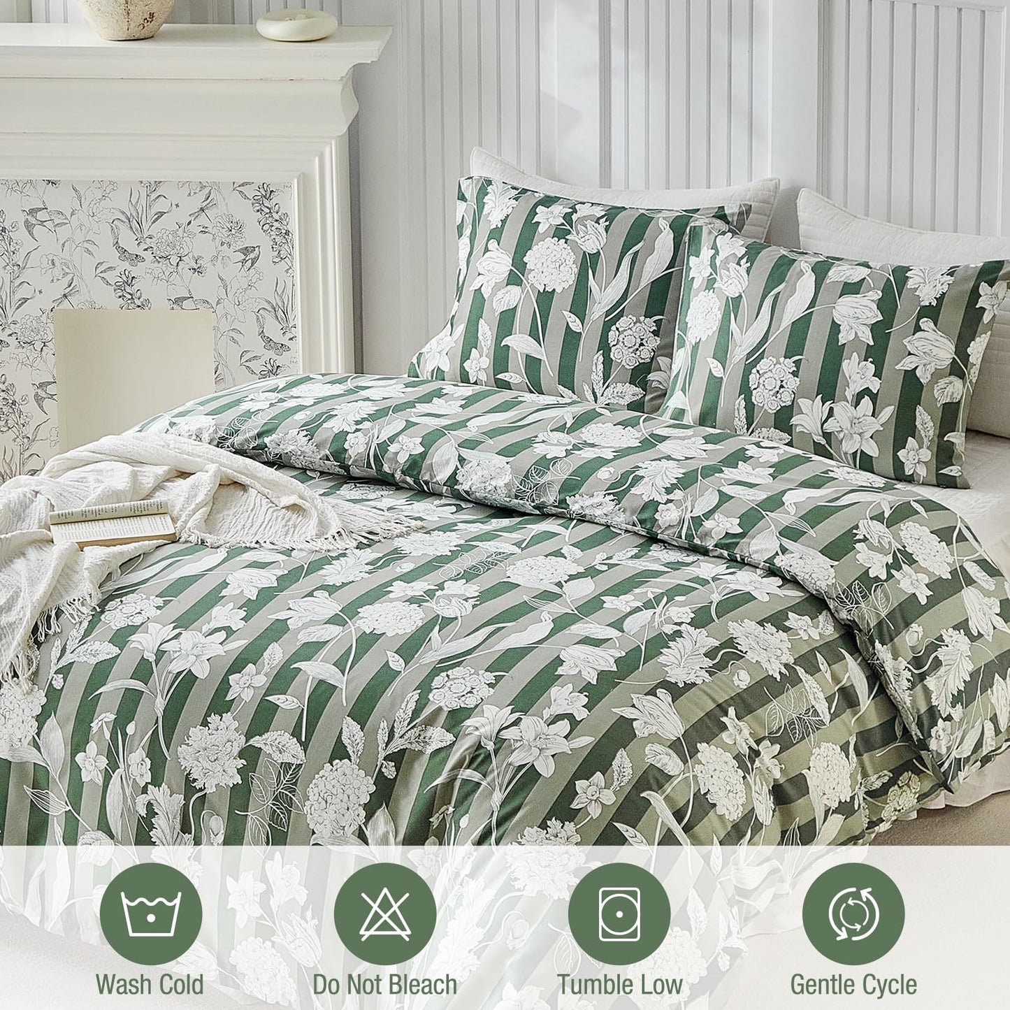 Lekesky Green Floral Duvet Cover King Size, Stripes Comforter Cover King Size Floral Printed Duvet Set, 3 Pieces Soft Microfiber Bedding Set with 8 Zipper Ties (King, 104"x90")