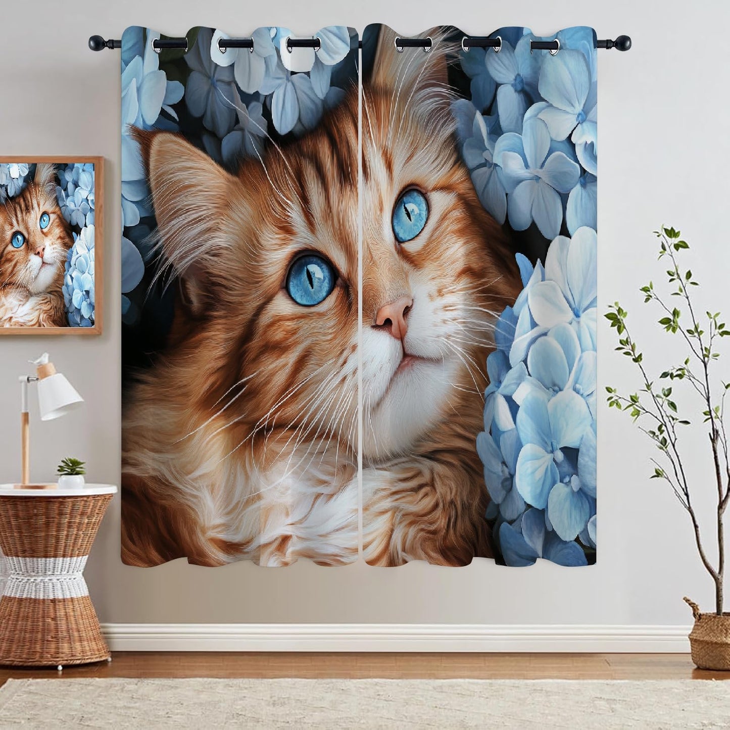 Cute Cats Animals Blackout Curtains, Elegant White Flowers 2 Panel Top Grommet Drapes, 3D Print Thermal Insulated Room Darkening Curtains for Living Room Kids Bedroom(104" W x 63 "L)