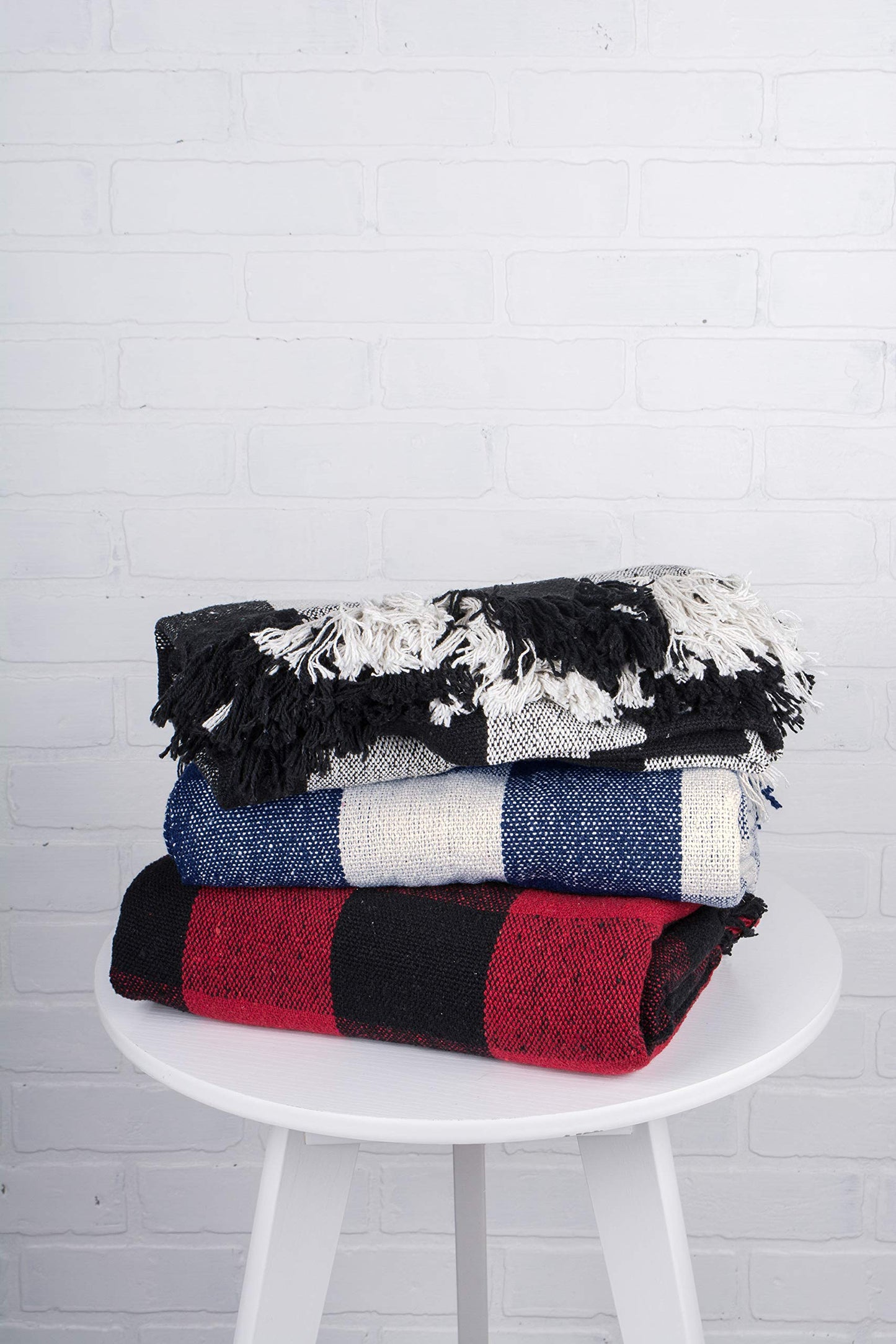 DII Buffalo Check Collection Rustic Farmhouse Throw Blanket with Tassles, 50x60, Navy/Off-White