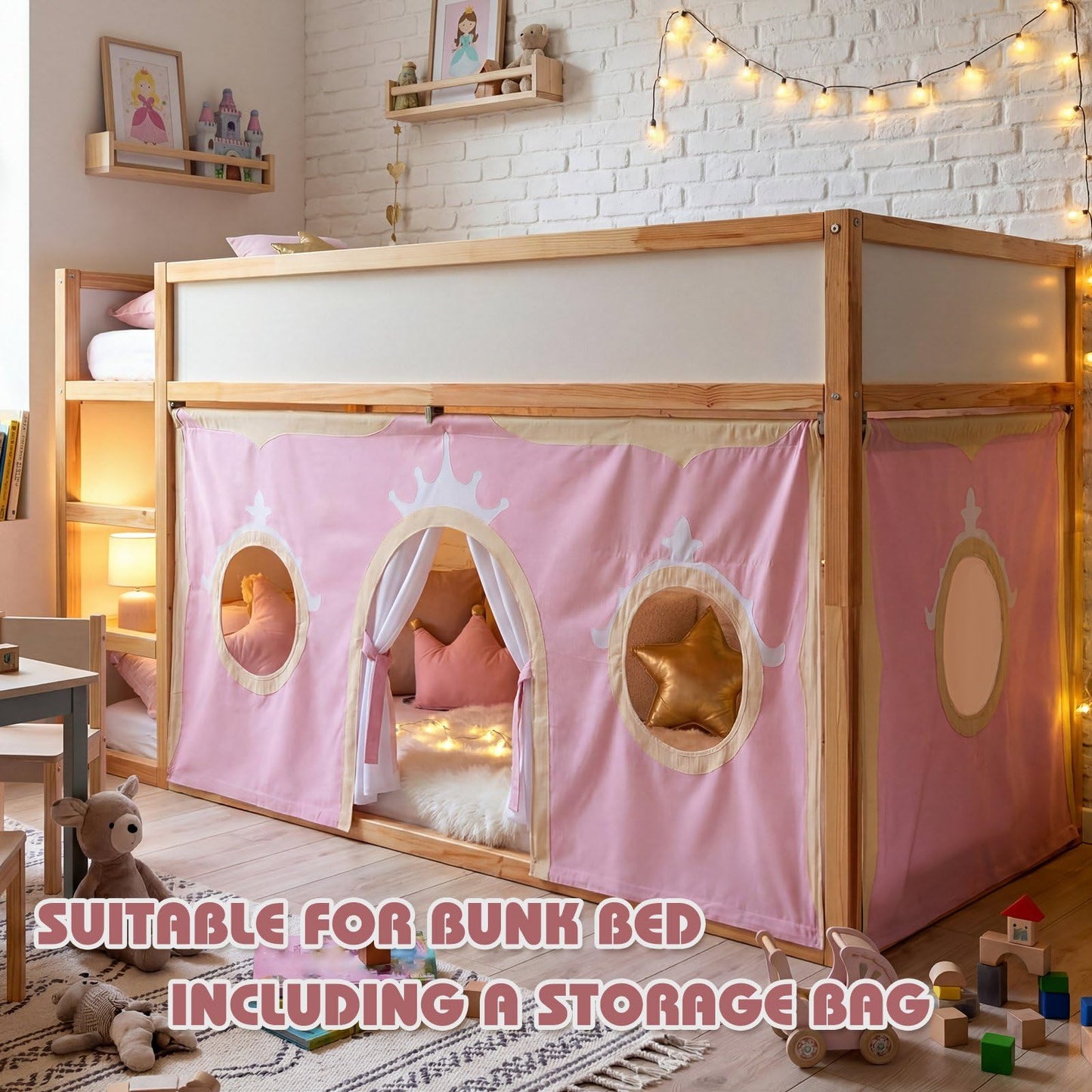 Hahafelt Low Bunk Bed Curtain Set - 2 Panel 59" 38" Underbed Peachskin Playhouse Loft Bed Privacy Play Curtains for Kids Bedroom Decoration Gift(Princess,Pink)