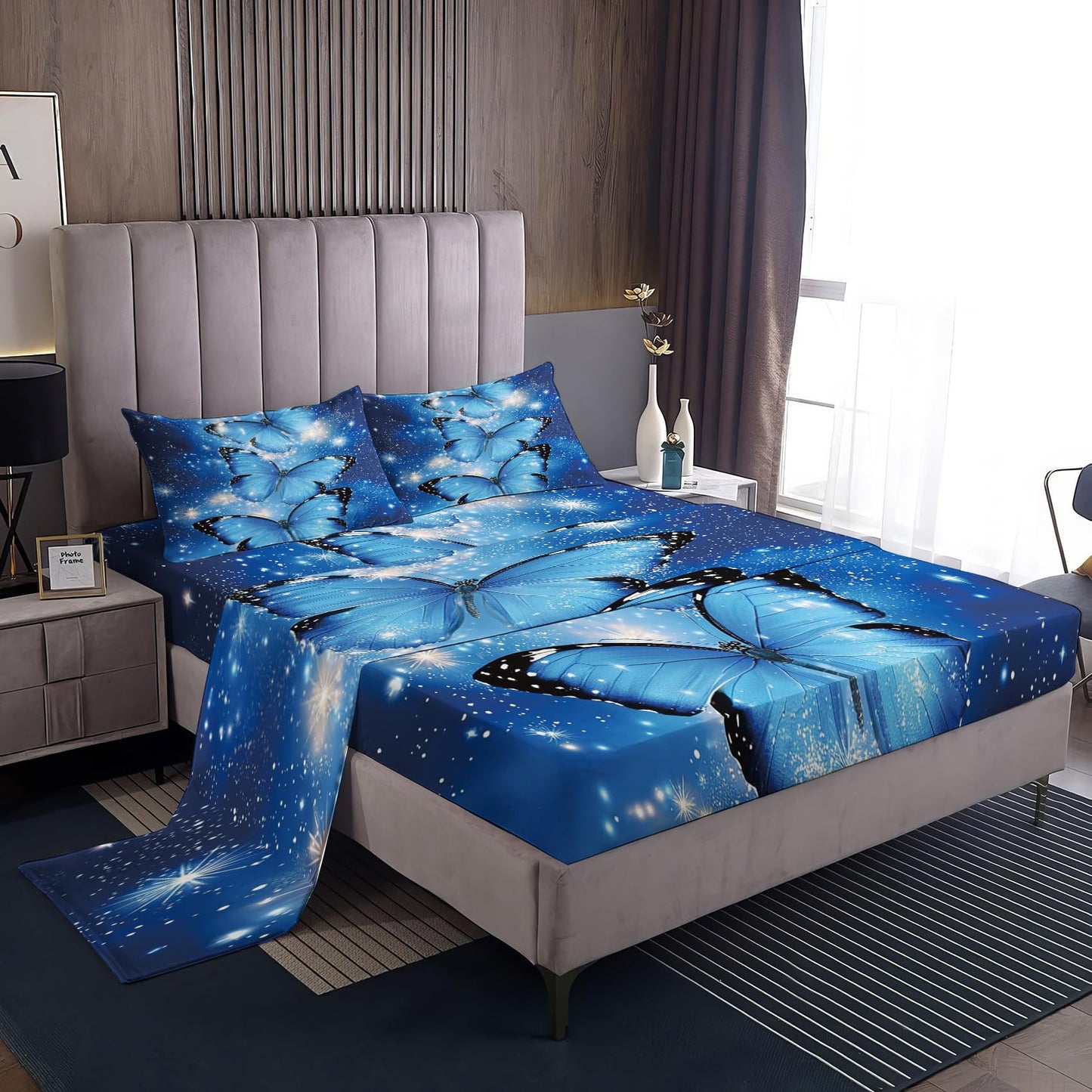 Rejkxyw King Size Sheets Set Blue Butterfly - Fantasy Butterflies Bed Sheets - Galaxy Sheet Set - 12 Inch Deep Pocket - Ultra Soft Winkle Free Microfiber Bedding Sheets & Pillowcases 4 Piece