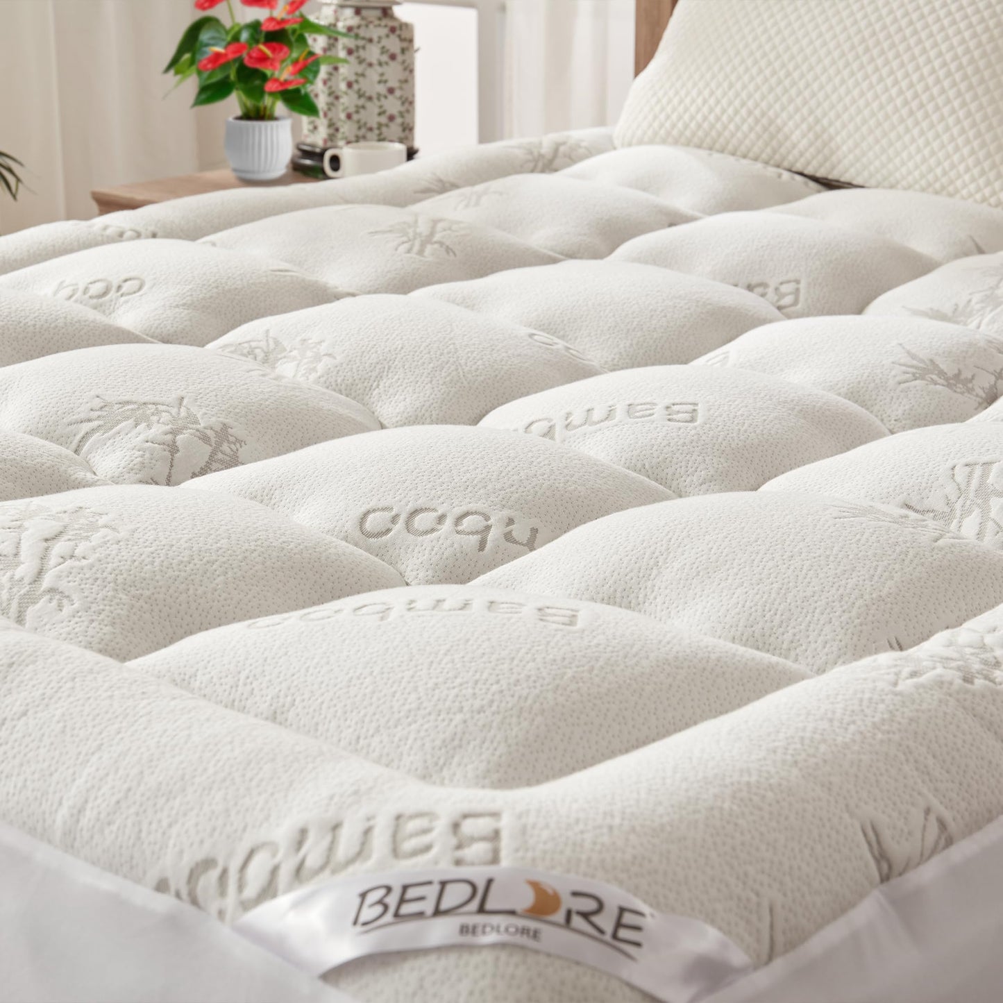 BEDLORE Queen Mattress Topper Viscose Derived from Bamboo, Thick Pillow Top Mattress Pad with Stretchable Pockets for 6-18 inches Mattress, Soft Breathable Mattress Topper for Back Pain Relief