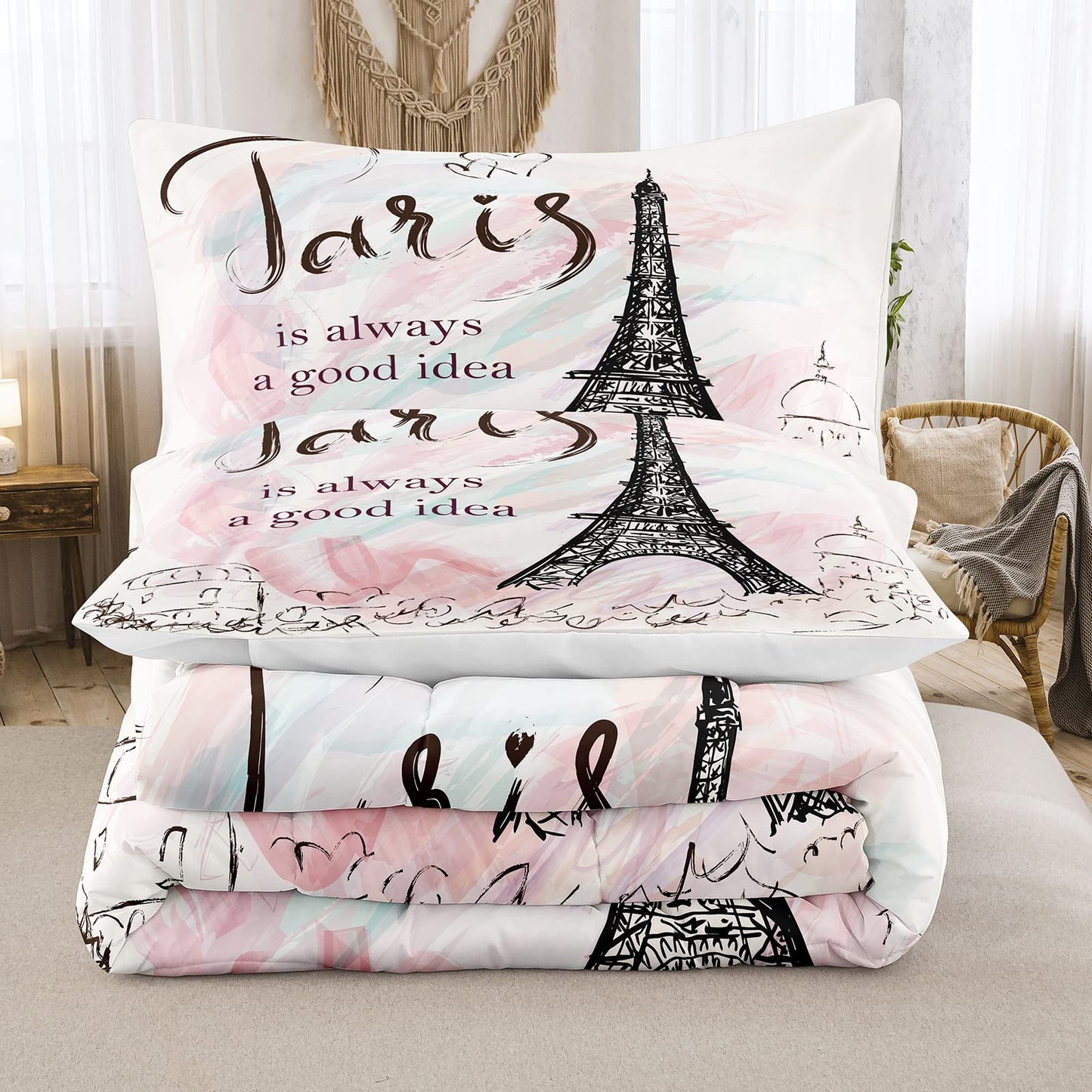 Bodhi Full Size Paris Comforter Set,Girls Pink bedding set,Cartoon eiffel tower Comforter Set,Girls Comforter with Matching Pillowcase,Pink Girls Bed Set Full Size