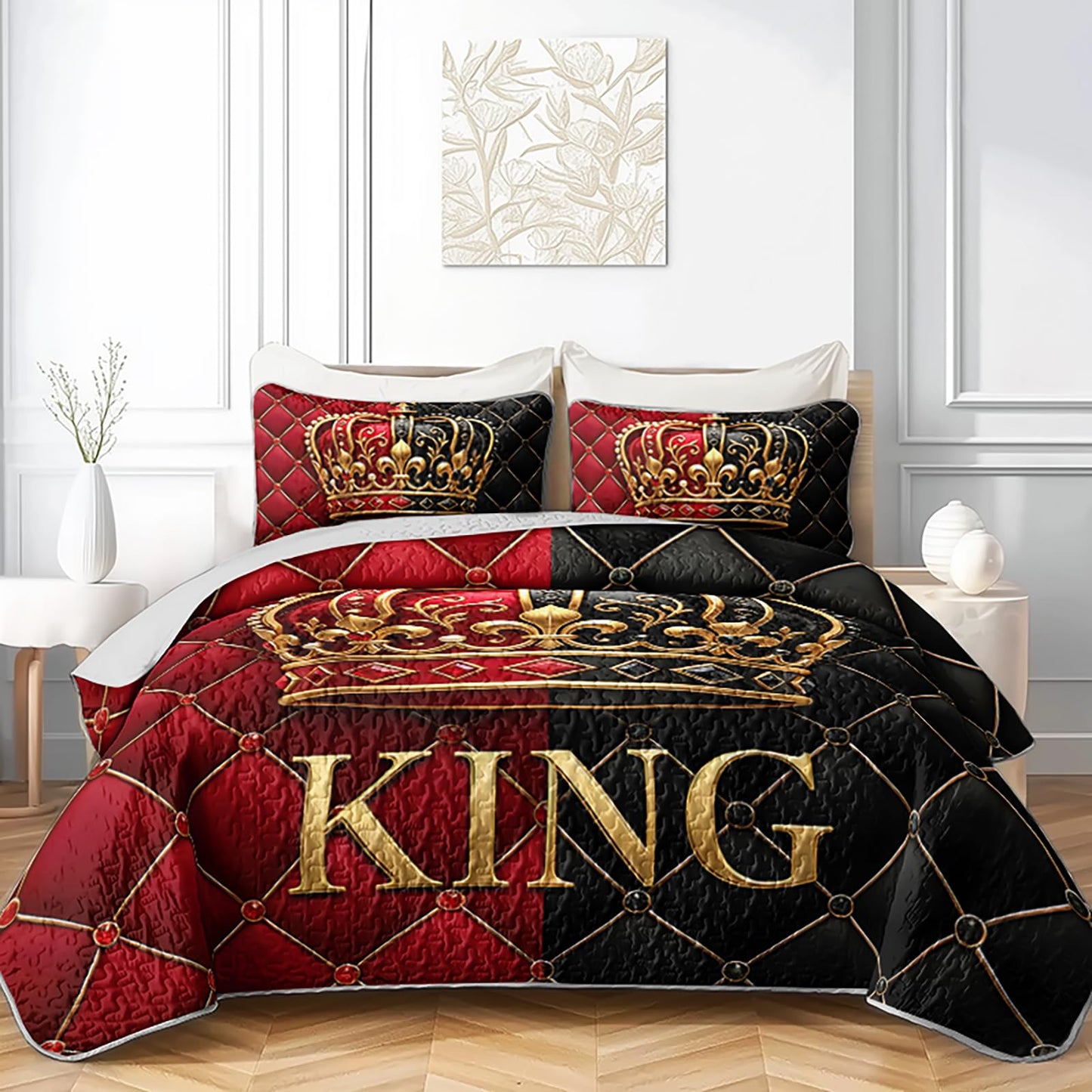 AILONEN Red Black King Quilt Set - Queen Size Golden Crown Couple Bedspread Coverlet with 2 Pillowcases - Luxury Room Decor for Adults & Bedroom