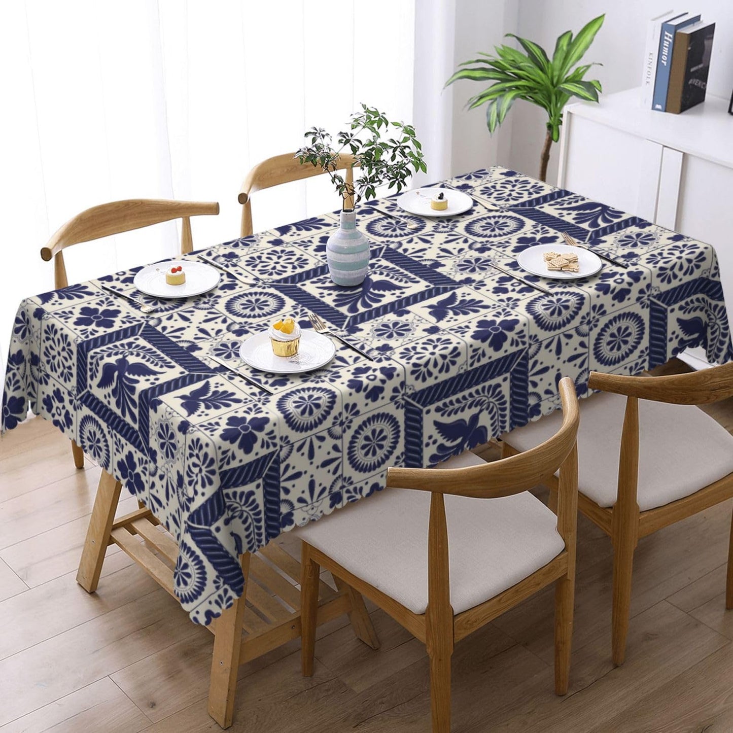 VIMPEYDON Floral Bird Mexican Table Cloth for Dining Tables, Reusable Blue Patchwork Tiles Tablecloths Holiday Talavera Tile Tabletop Decoration Rectangle Table Cover for Home,Kitchen,Party,54x72Inch