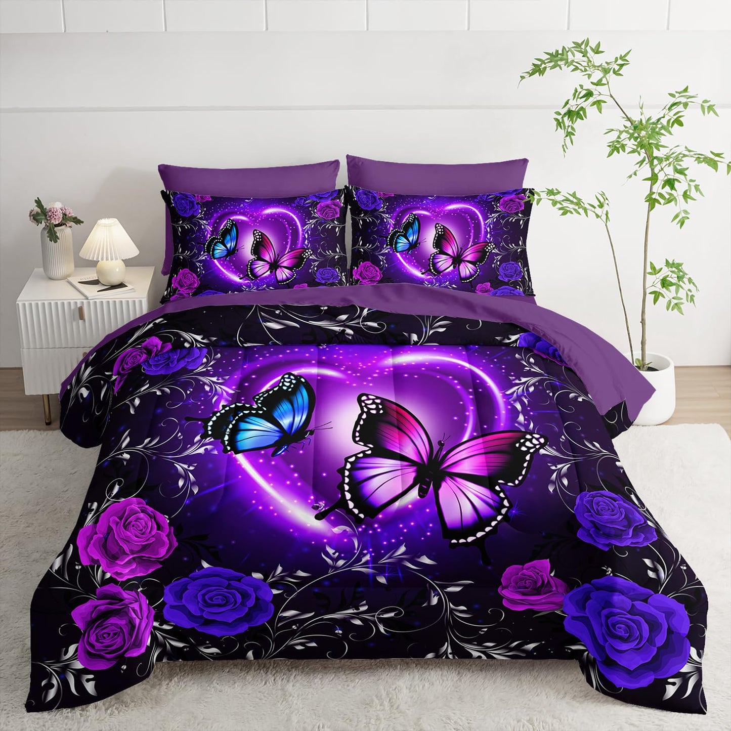 Tuzaovy Purple Butterfly Comforter Set 7 Piece Twin Size Bed in A Bag,Dreamy Butterfly Bedding for Girls Room Decor,Soft Microfiber Comforter with Fitted Sheet,Flat Sheet, Pillowcases & Shams