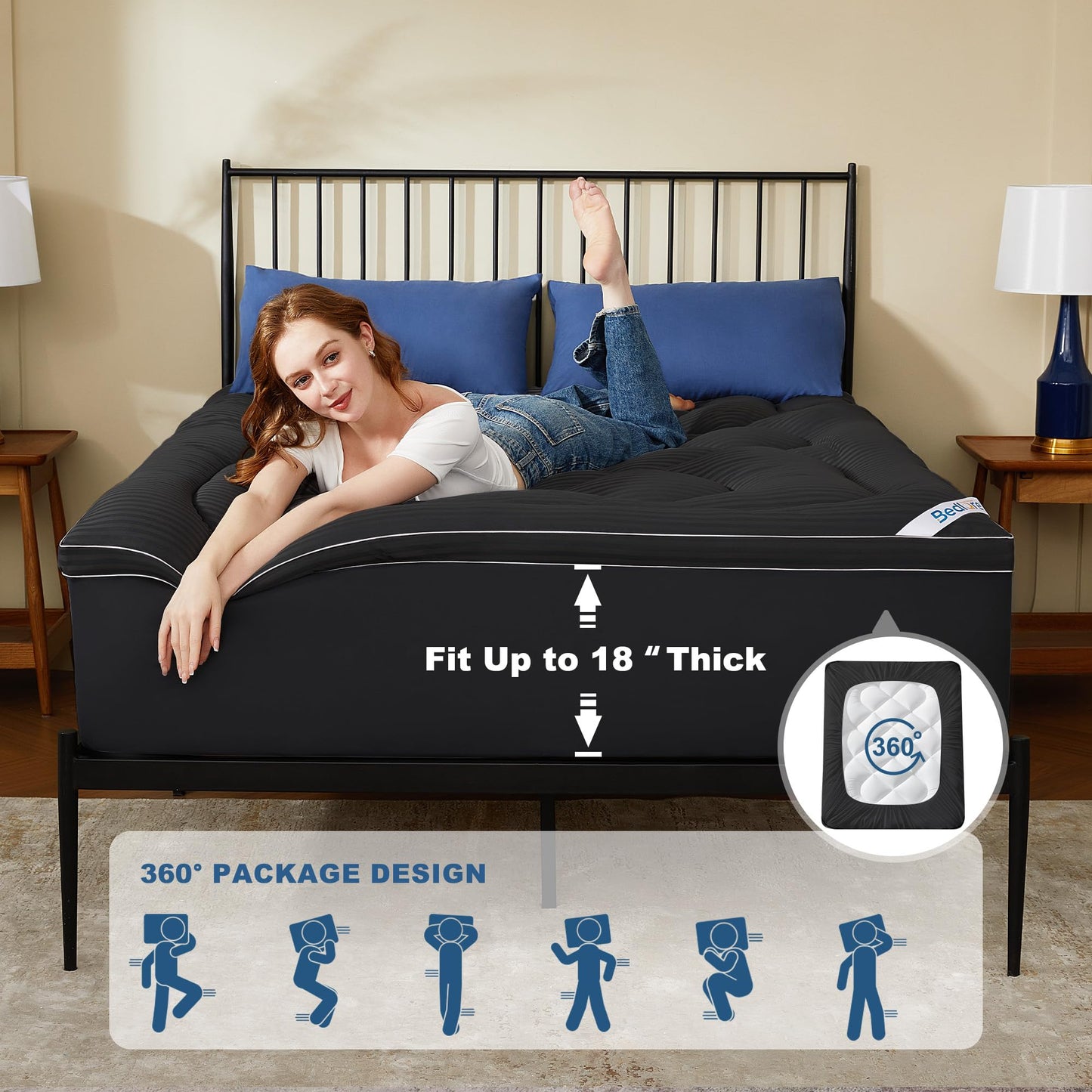 BEDLORE Queen Mattress Topper, Thick Pillow Top Pad for Back Pain Relief, Soft Mattress Cover with Deep Pockets 6-18 inch(Black)