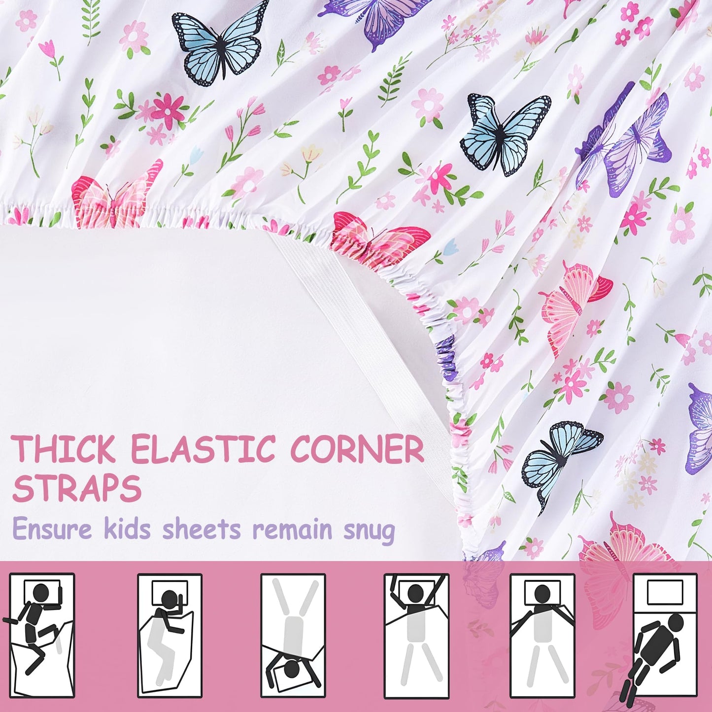 Softan Kids Bed Sheet Set, 3-Piece Twin Sheets Set, Microfiber Fitted Sheet with 15 Inches Deep Pocket and Corner Straps, Breathable & Silky Soft Butterfly Flower Printed Sheet and Pillowcase Sets