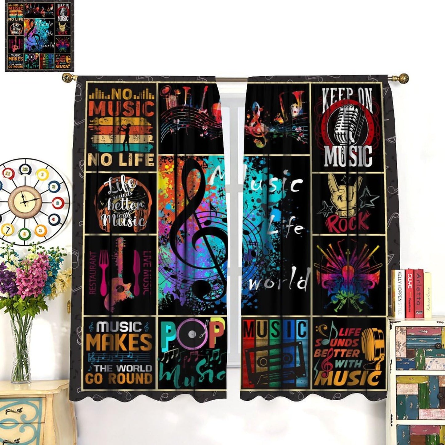 Music Note Curtains for Music Lovers,Rock and Roll Adults Kids Music Themed Art Window Treatments for Bedroom Living Room Musical Room Décor Drapes 2 Panels,Total Size 42" W x 45" H