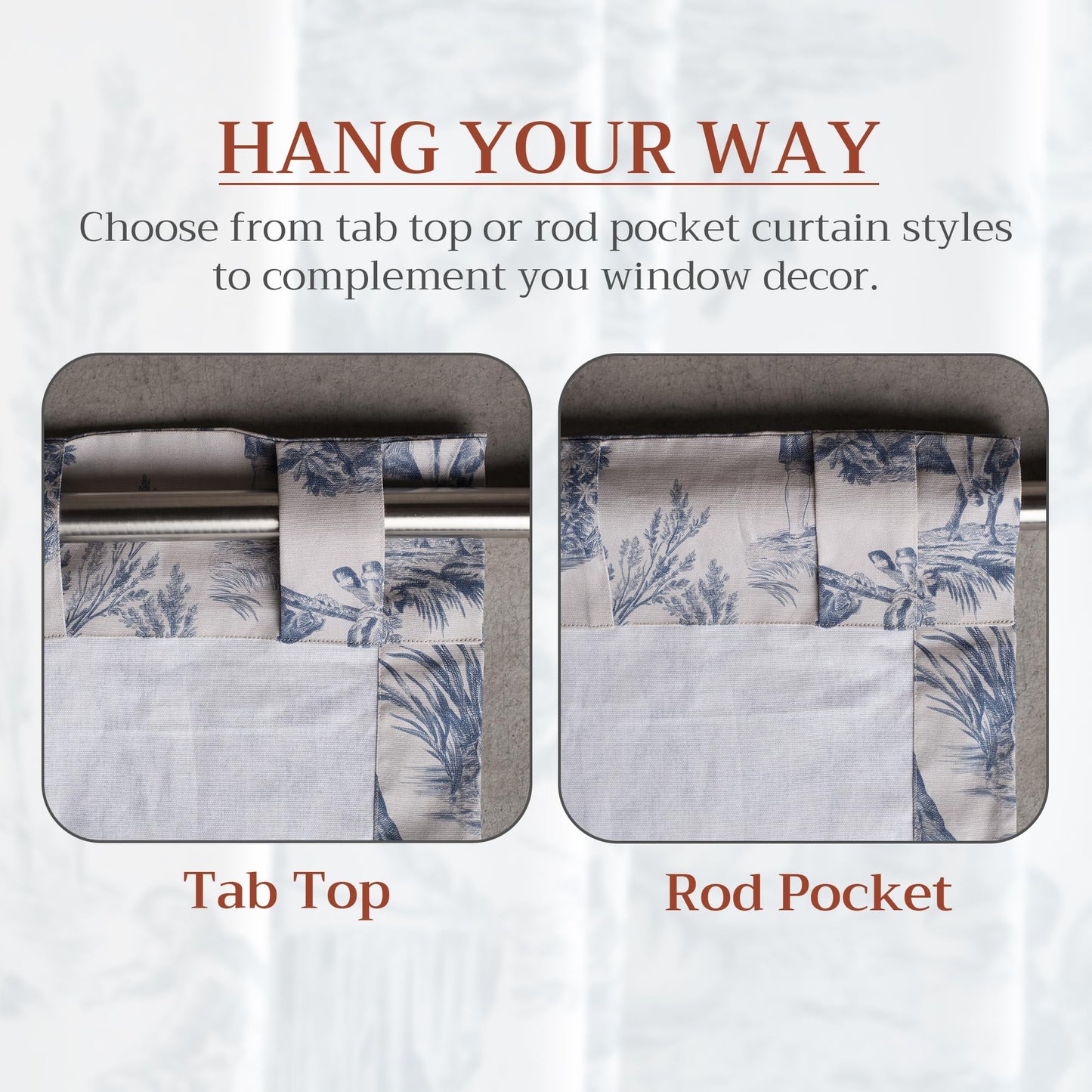 Maison d' Hermine Curtains for Living Room 100% Cotton 96 inch Length One Panel Light Filtering Toile Curtains for Bedroom Windows with Rod and Loop Pockets Drapes (The Miller Denim, 50" W x 96" L)