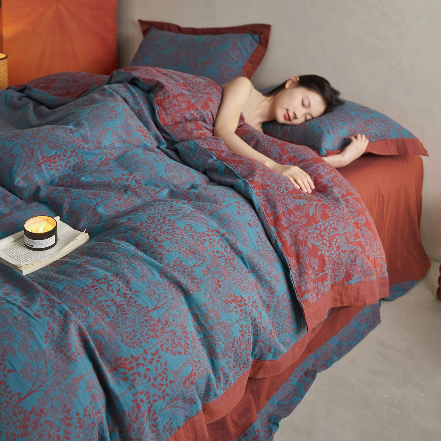 VM VOUGEMARKET Blue Red Duvet Cover Queen,3 Pieces Retro Jacquard Forest Theme Tree Leaves Bedding Set,Linen Cotton Yarn-Dyed Textured Duvet Cover with Zipper Closure