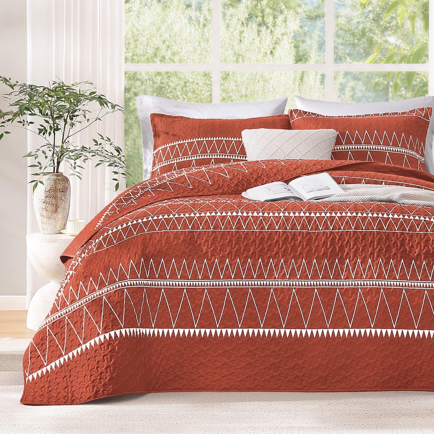 Andency Terracotta California King Quilt Set, 3 Pieces Boho Lightweight Soft Striped Cal King Bedspread for All Season (112"x104"), Printed Bohemian Polyester Reversible Coverlet Comforter Sets