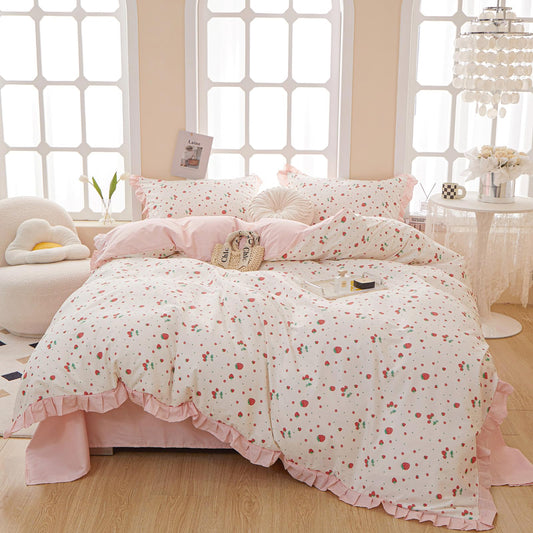 Kawaii Strawberry Comforter Set Queen Girls Ruffle Comforter Set 3 Pieces Floral Bedding Comforter Fluffy Soft Microfiber Fruit Strawberry Bedding Set Romantic Ruffled Comforter with 2 Pillowcases