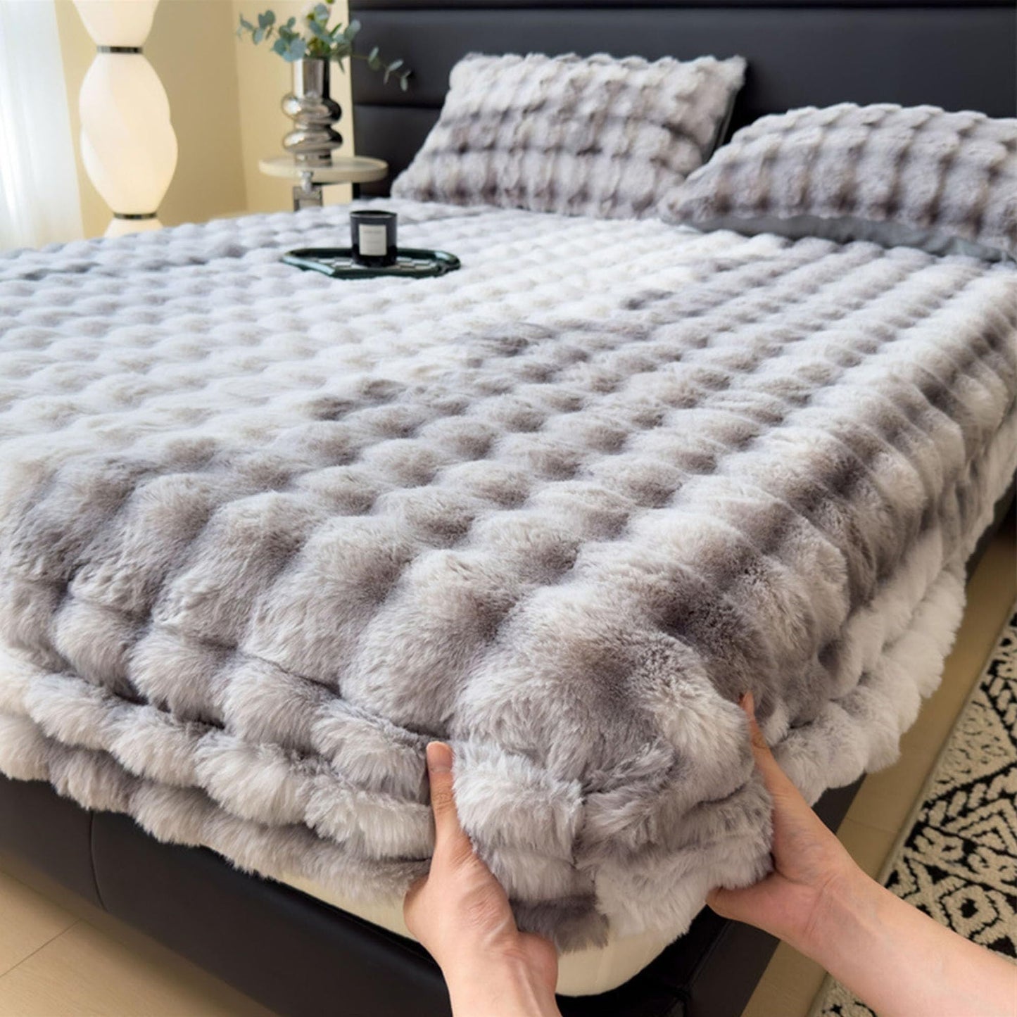 Elastic Bed Sheets, Milk Velvet Fitted Sheet, Winter Warm Mattress Cover, Faux Rabbit Fur Fitted Sheets, Fluffy Mattress Protector Bedspread, Machine Washable and Non-Fade(A,2 Pillowcases)