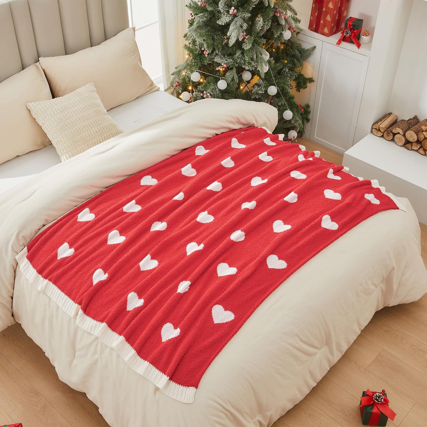 Douceur Love Heart Throw Blanket, Ultra Soft Red Fluffy Valentine’s Day Blanket, Reversible Cozy Decorative Blanket for Bed Couch Sofa, Super Soft Indoor Living Room Plush Throws, 60"X80"
