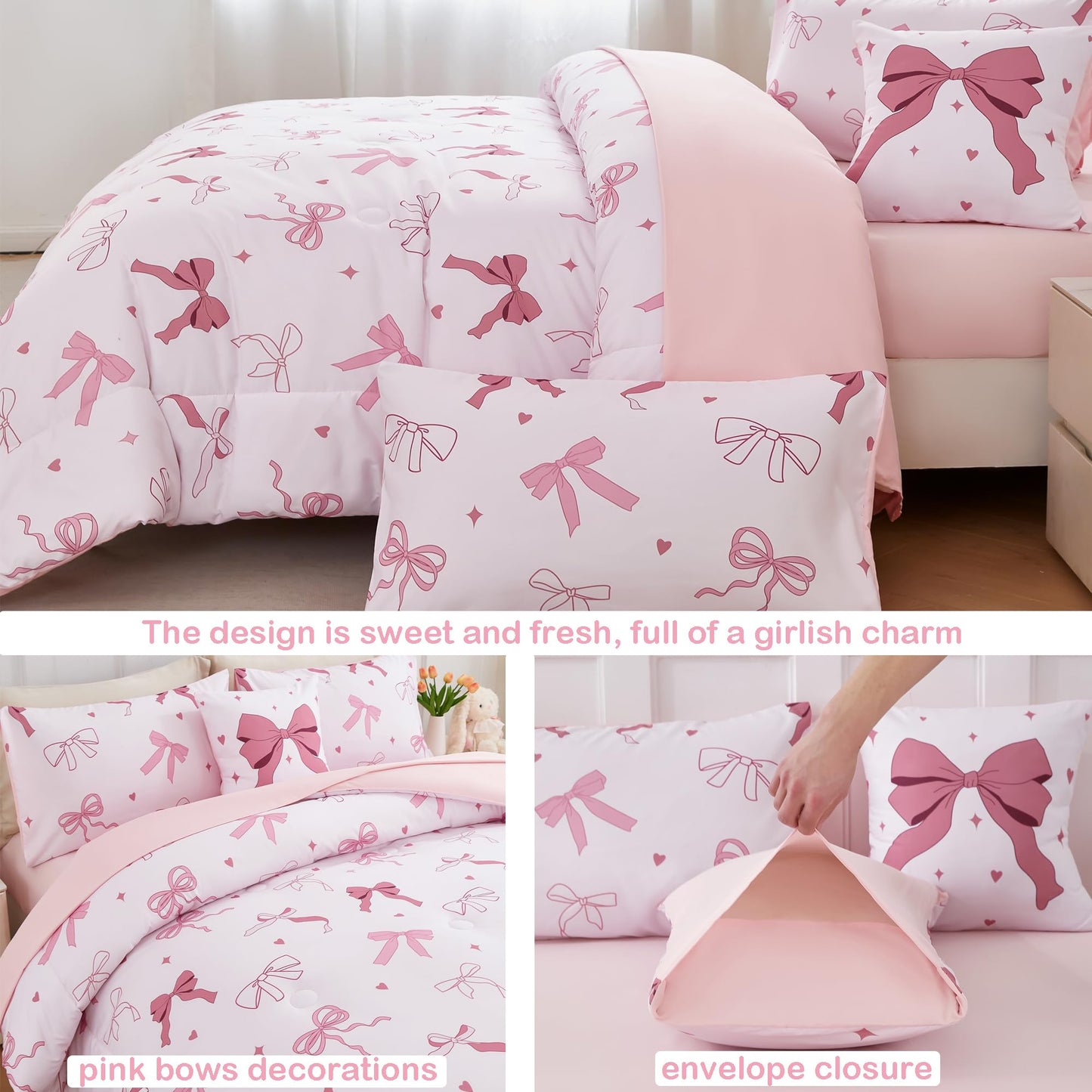 ANGIYUIN Pink Bow Full Size Comforter Sets, Ribbon Bow Knot Girls Bedding Set, 6 Pieces Lover Hearts Stars Kids Bed in a Bag with Sheets(Bow Full)