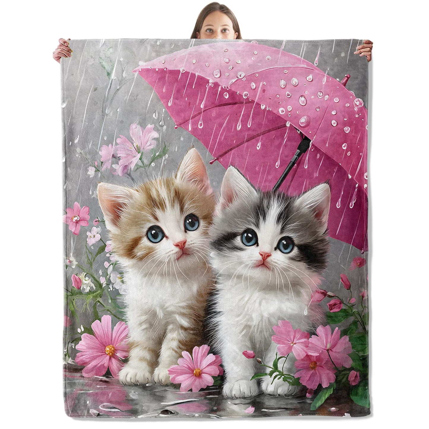 xmwjfd Adorable Kitten Rainy Day Blanket, Cozy Plush Cute Cats with Flowers Throw Blanket for Couch Bedroom Outdoor, Lightweight Soft Flannel Travel Blankets, Gifts for Women Kids, Warm Decor 50"×60"