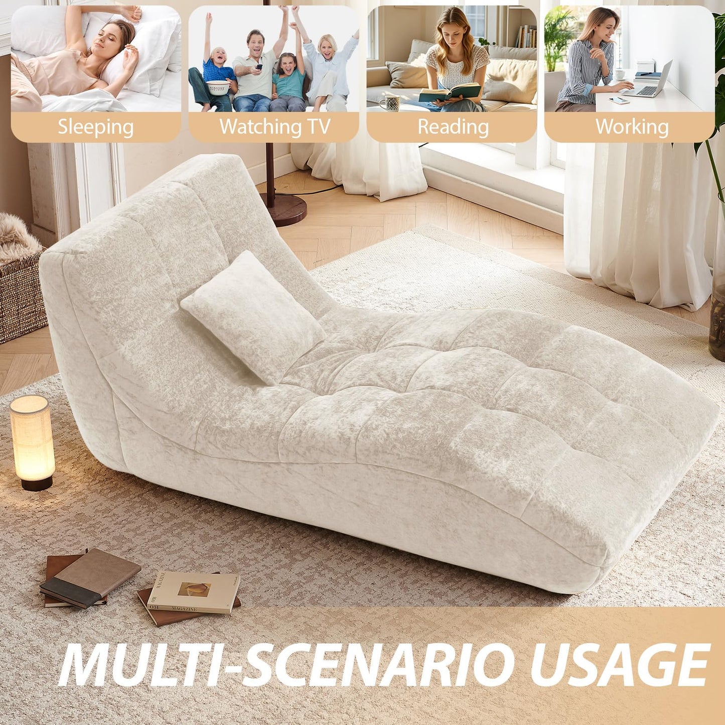 Huadeo Chaise Lounge Chair with Curved Back, Modern Upholstered Recliner Sofa, Tufted Accent Lounger Comfortable Lazy Chair for Bedroom, Apartment (Beige)