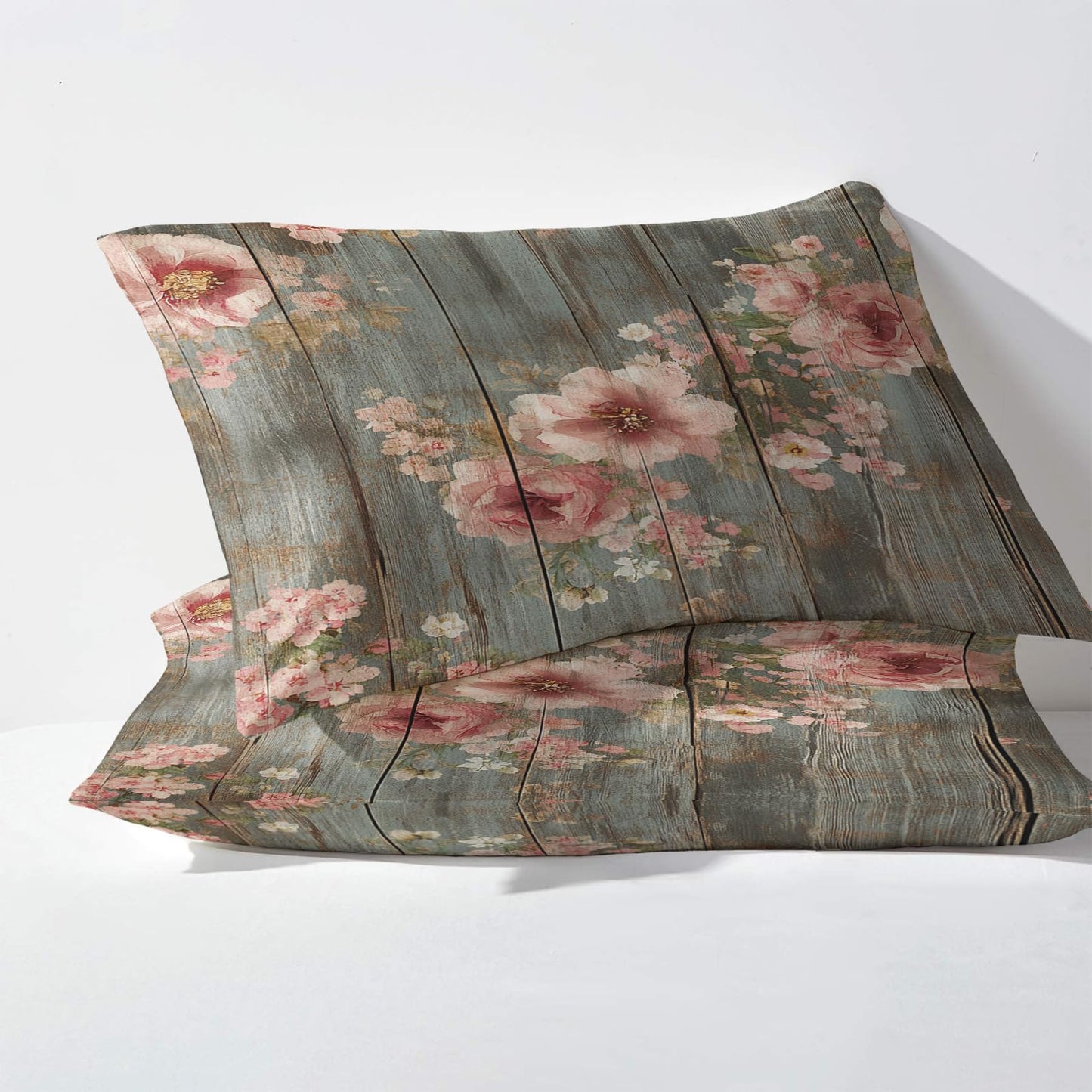 NOGAWA Rustic Wood Floral Sheets Queen, Vintage Pink Flower Bed Sheets, Deep Pocket & Soft Microfiber Bedding Sheets & Pillowcases 4 Piece - Fitted Sheet & Flat Sheet & 2 Pillow Cases