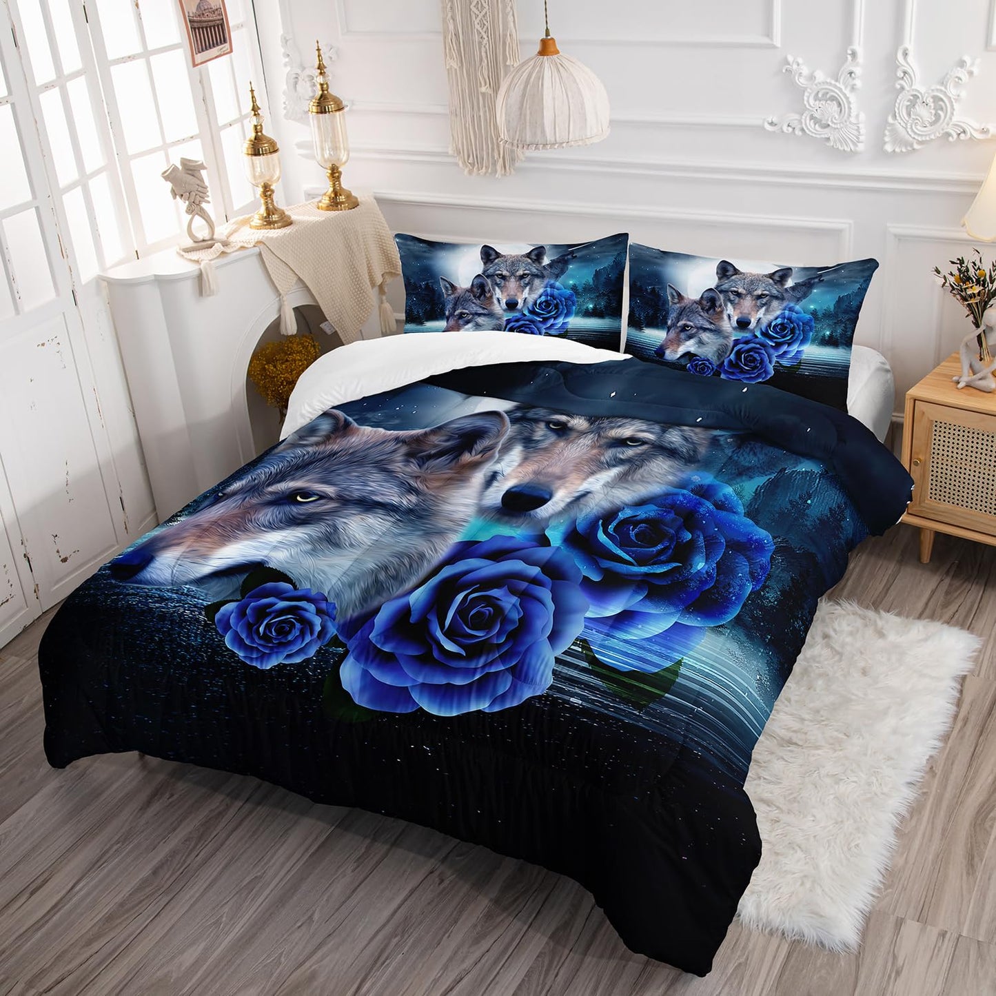 AILONEN Howling Wolf Comforter Set Queen Size,Blue Rose Wolf Bedding Sets,Wolf Head Pattern Comforter Set,Galaxy Moon Wolves Duvet Set 3 Pieces, 1 Quilt and 2 Pillowcases