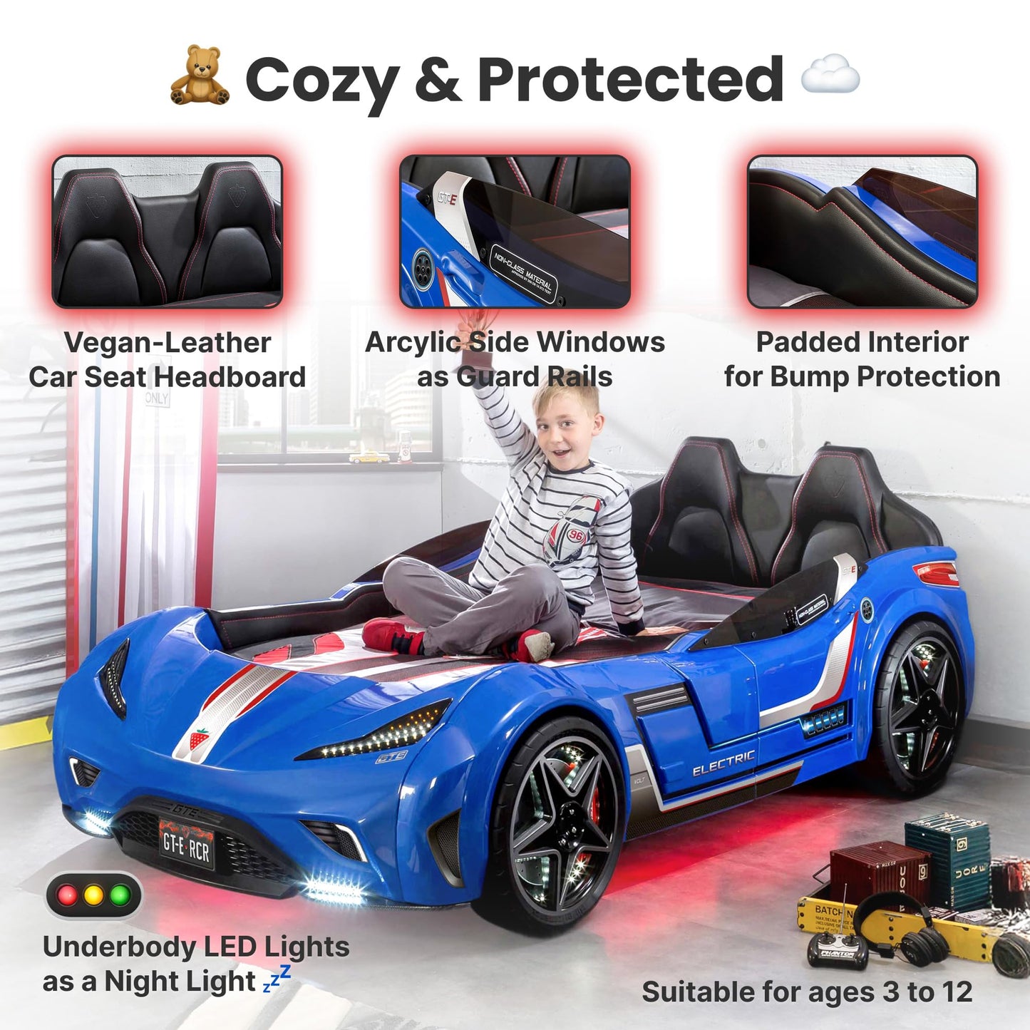 Cilek GTS EV Twin Race Car Bed for Boys with Remote Control, LED Lights & Sounds, Vegan Leather Headboard, Guardrails, Non-Toxic, Fits Twin Mattress, 250 lbs. Capacity, Suitable for ages 3-12, Blue