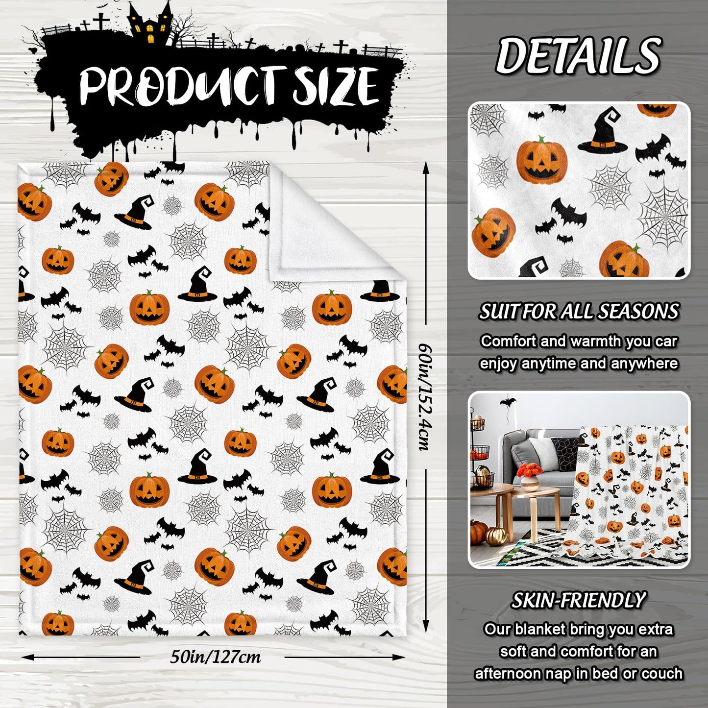 JarThenaAMCS Halloween Fuzzy Blanket Pumpkin Bat Spiderweb Witch Hat Cute Throw Blanket Halloween Soft Cozy Flannel Blankets for Home Party Bed Sofa Couch, 50 x 60 Inch