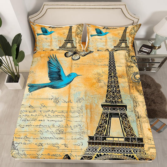 Eiffel Tower Fitted Sheet Full Size,Farmhouse Old Newspaper Print Sheet Set(No Top Sheet),Butterfly Pigeon Bedding Set(1 Fitted Sheet+2 Pillow Cases),Vintage Country Decor Bed Cover