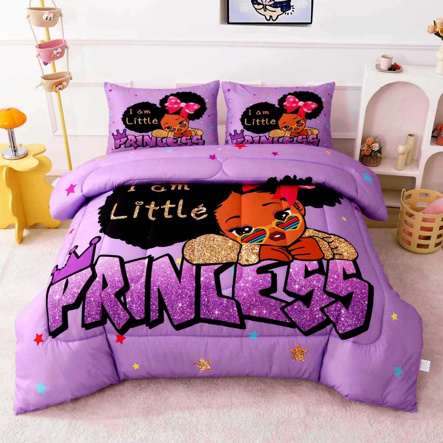 GRAT TIOC Little Black Girl Comforter Sets Twin Size,Black Girl Magic Bedding Set,Cute Little Princess Comforter Set for Kids Melanin Bedroom Bed Sets