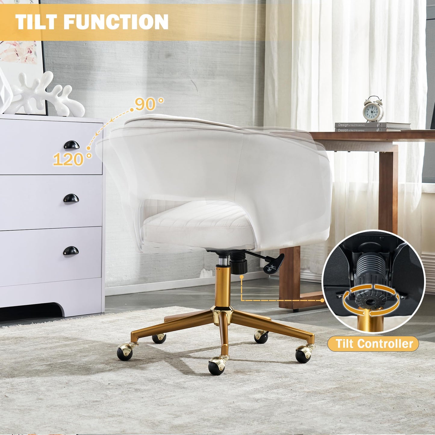 Kiztir Vanity Chair with Wheels, Criss Cross Velvet Vanity Chair with Back Modern Home Office Desk Chair Swivel Accent Chair for Bedroom Living Room (Beige)