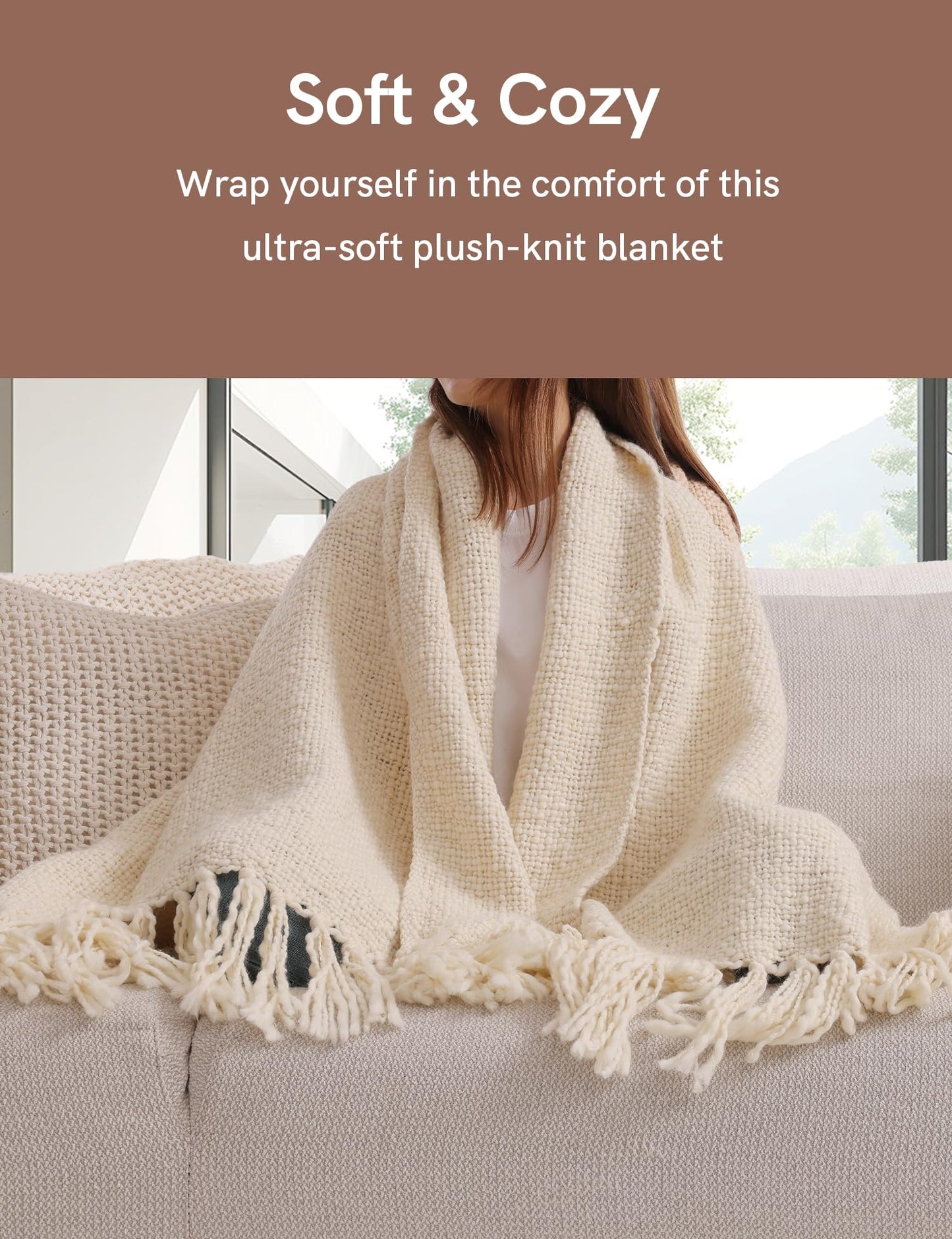 YnM Basketweave Knit Throw, Solid Neutral Vibe Textured Blanket with Tassel for Home Decor, 50 x 60 in, Cream
