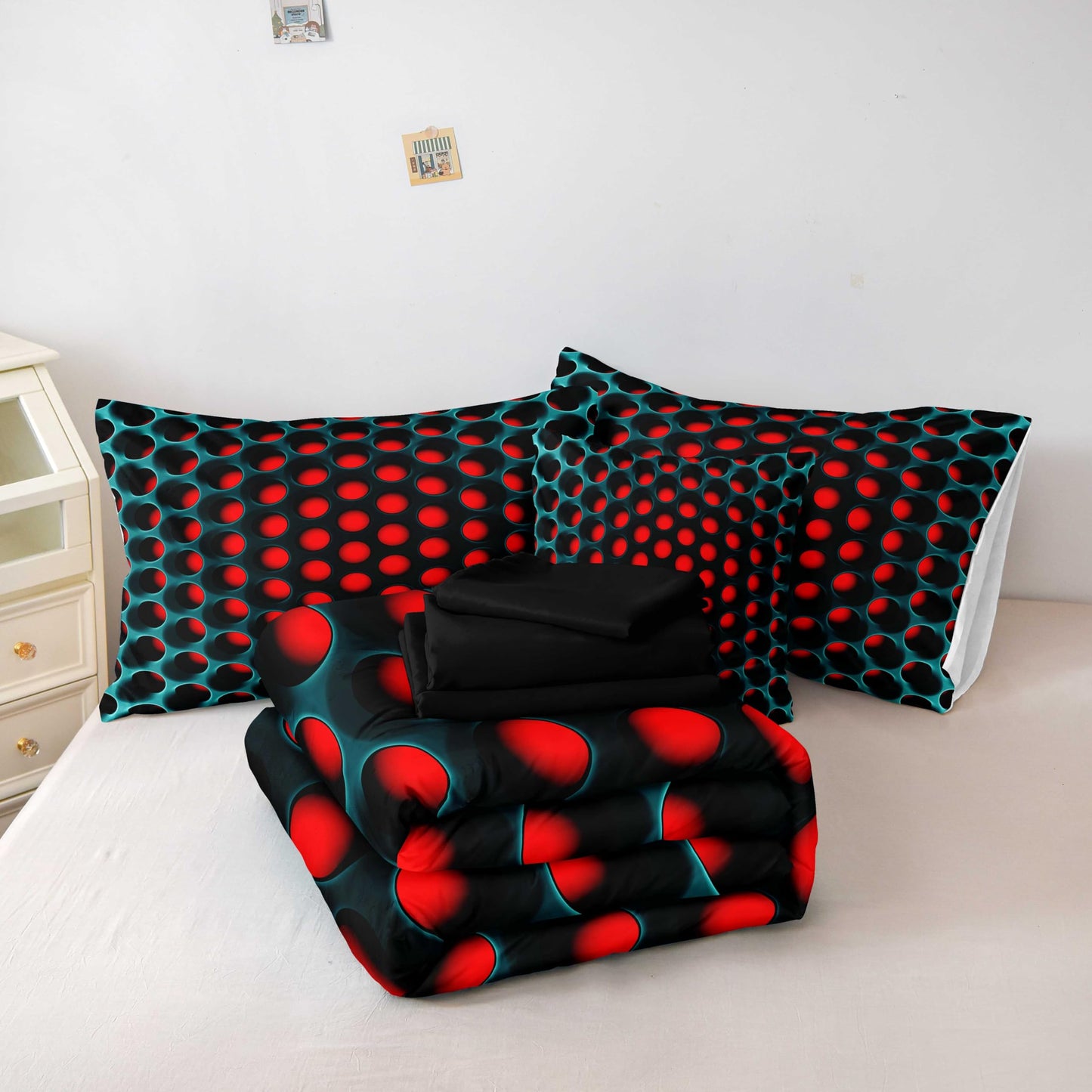 Bedbay Stereoscopic Bedding Set Red Green Honeycomb King Comforter Set 8 Pcs Geometric Bed Set with Sheets Colorful Neon Grid Bedding Quilt Set Soft Lightweight King Bed in a Bag for All Seasons