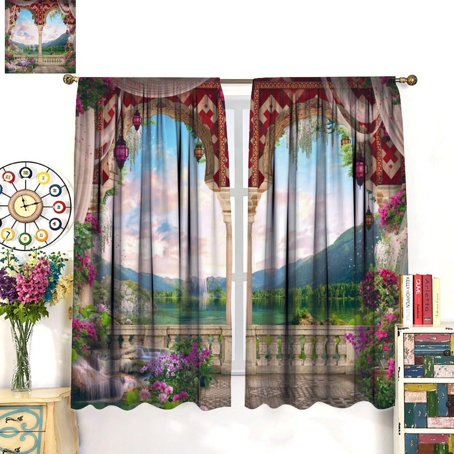 Italian Landscape Curtains for Kitchen Garden Waterfall Lake Nature Scenery Print Pattern Decorative Window Treatments for Bedroom Living Room Bathroom 41x44.5in（No Blackout）