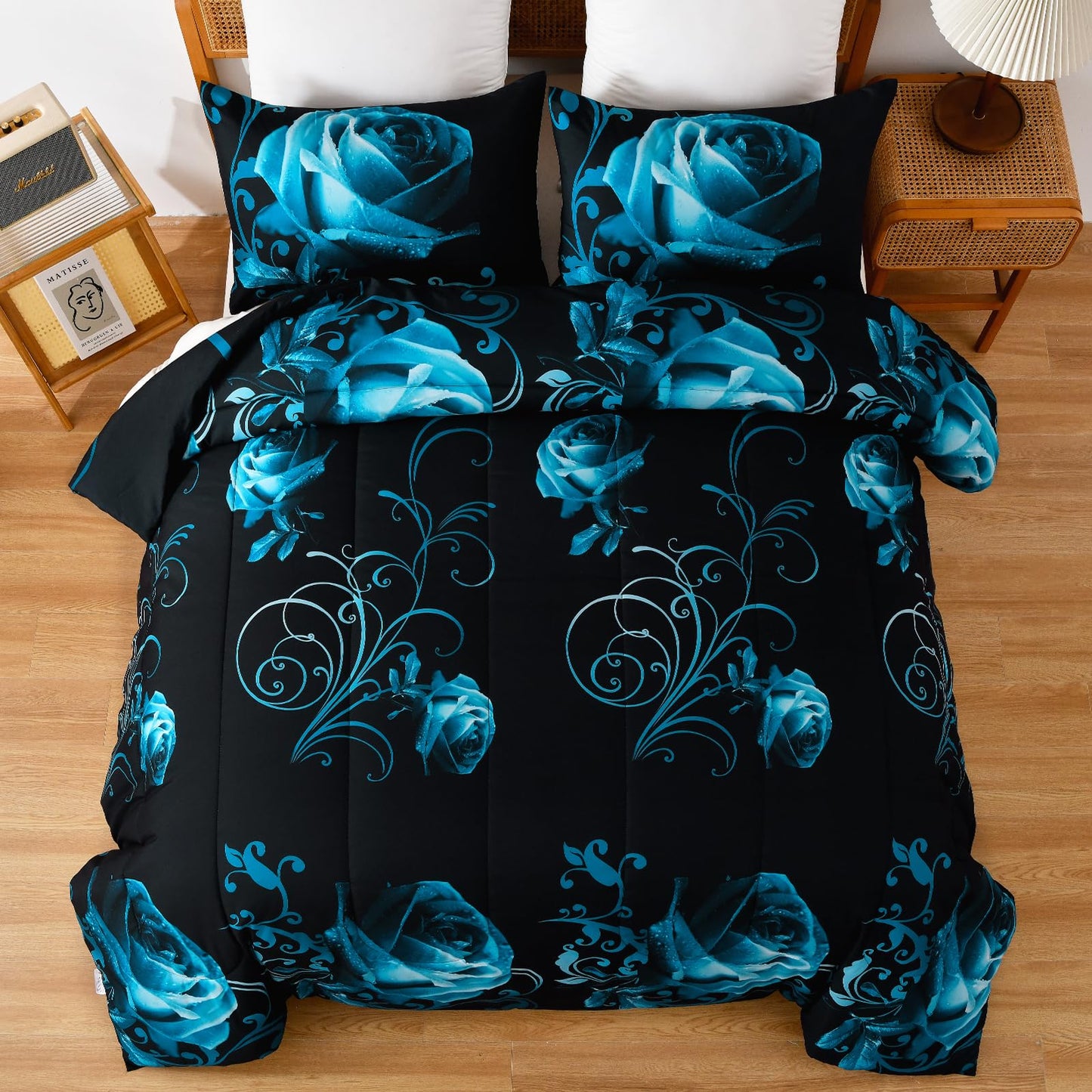 WONGS BEDDING Teal Blue Comforter Set Queen Reversible Teal Rose Pattern Printed Bedding Comforter Set with 2 Pillowcases, Soft Microfiber Filling Bedding Set 90"x90"